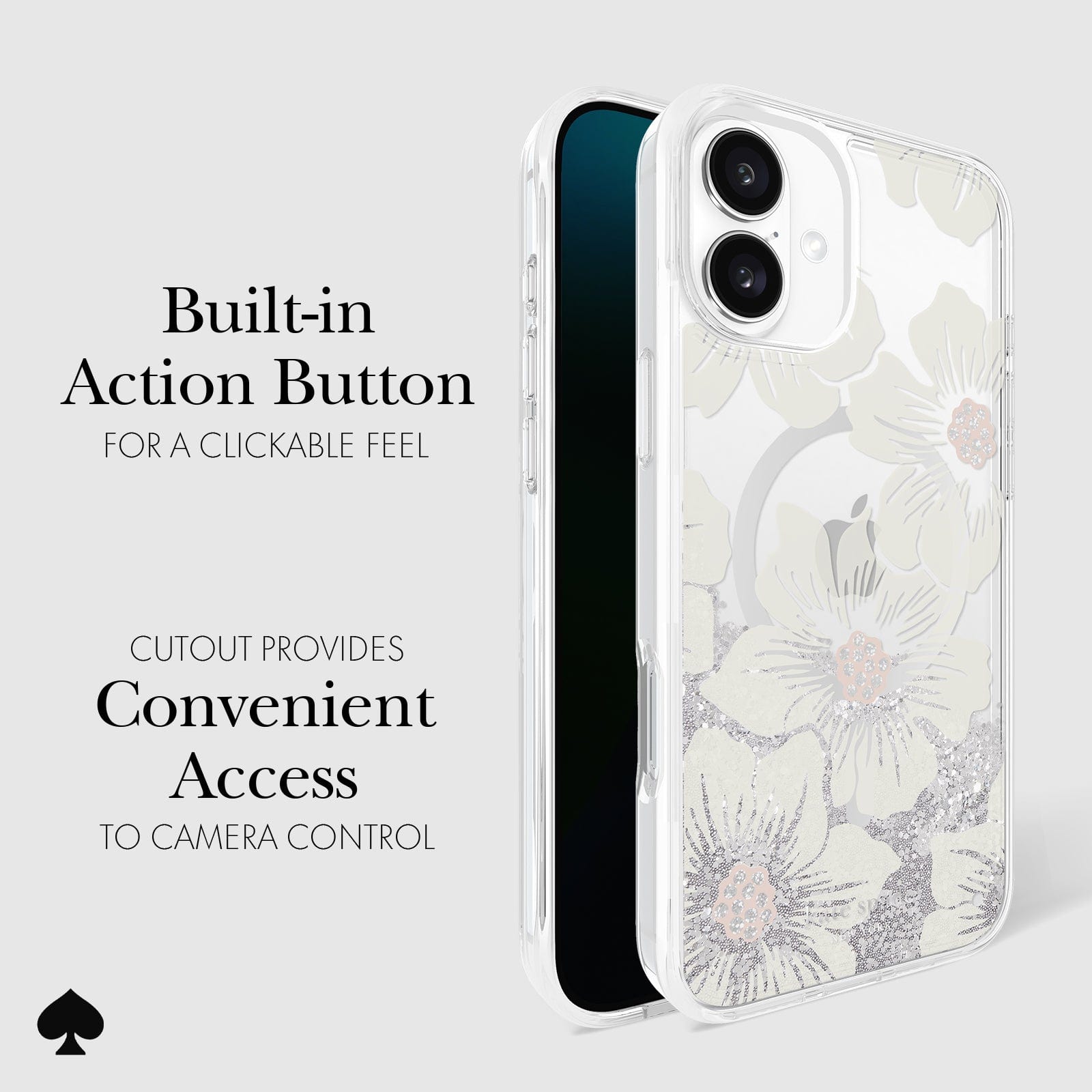 BUILT IN ACTION BUTTON FOR A CLICKABLE FEEL CUTOUT PROVIDES CONVENIENT ACCESS TO CAMERA CONTROL