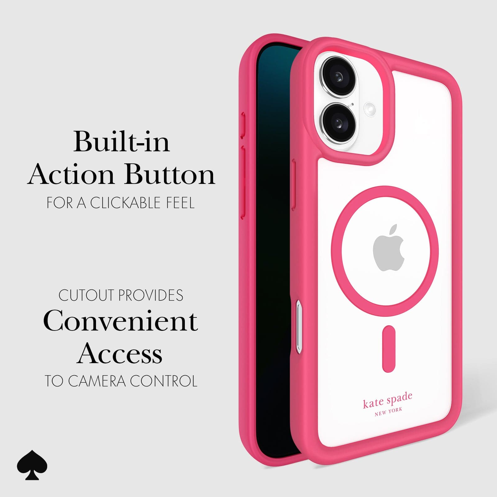 BUILT IN ACTION BUTTON FOR A CLICKABLE FEEL. CUTOUT PROVIDES CONVENIENT ACCESS TO CAMERA CONTROL