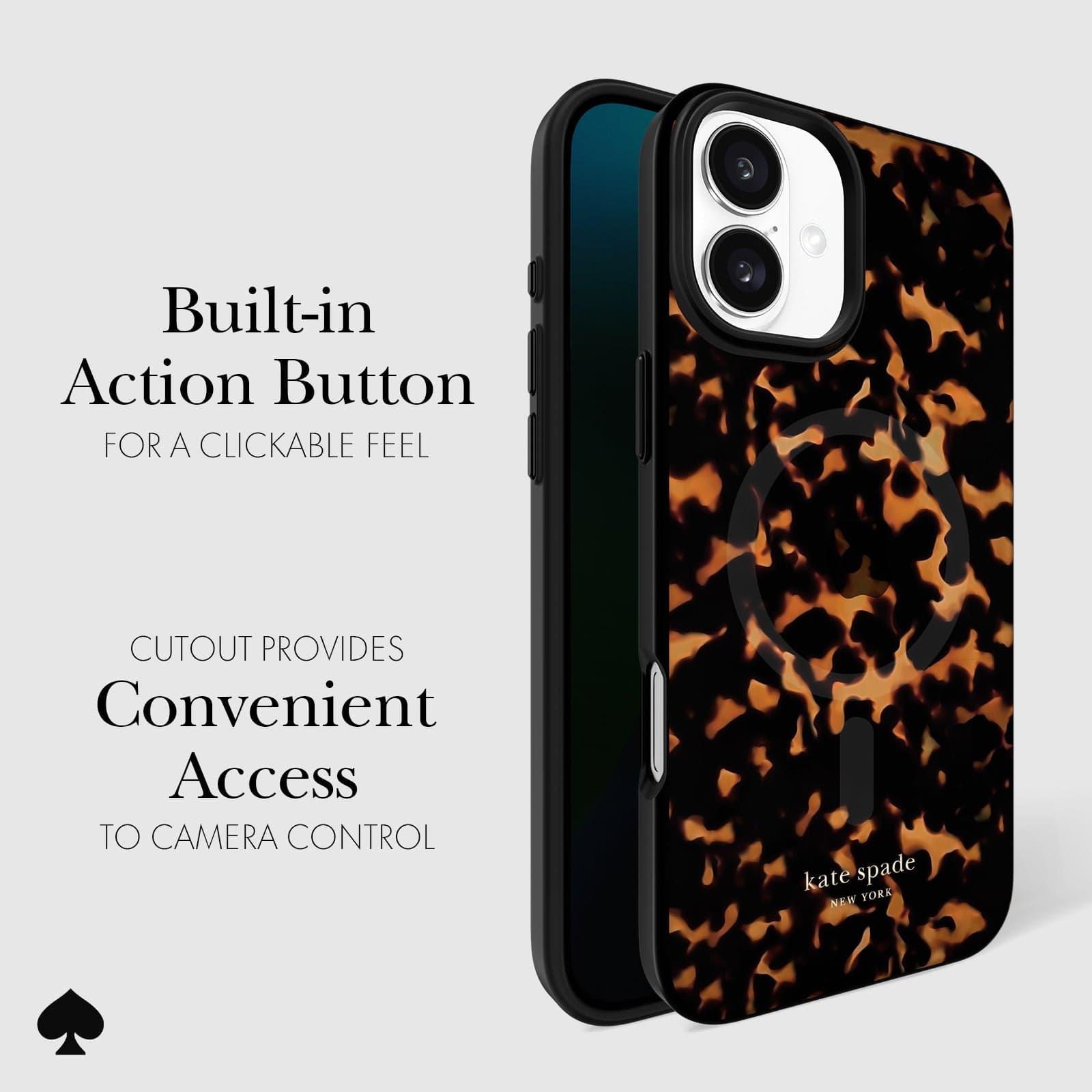 CLICKABLE BUILT-IN ACTION BUTTON. CUTOUT PROVIDES CONVENIENT ACCESS TO CAMERA CONTROL