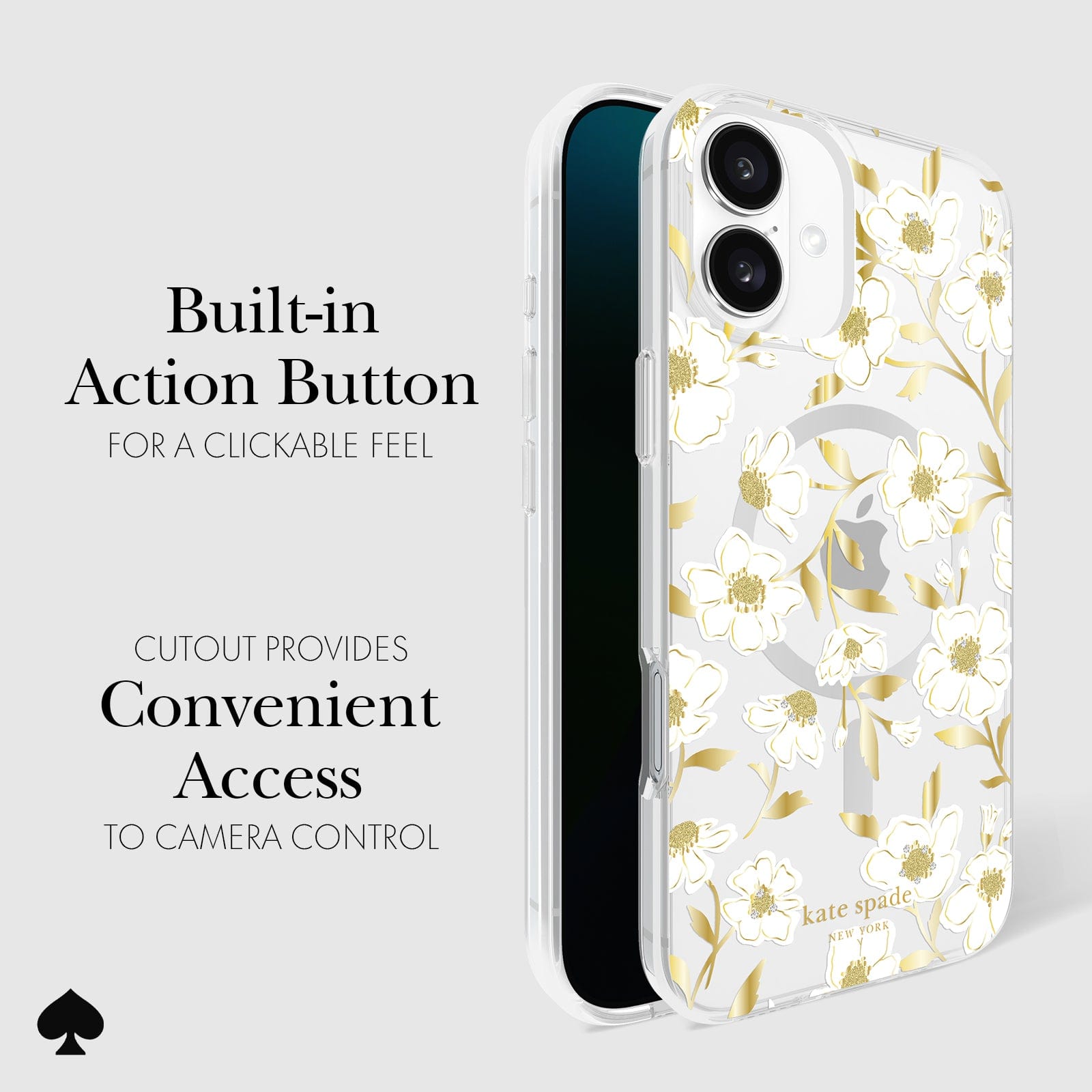CLICKABLE BUILT-IN ACTION BUTTON. CUTOUT PROVIDES CONVENIENT ACCESS TO CAMERA CONTROL