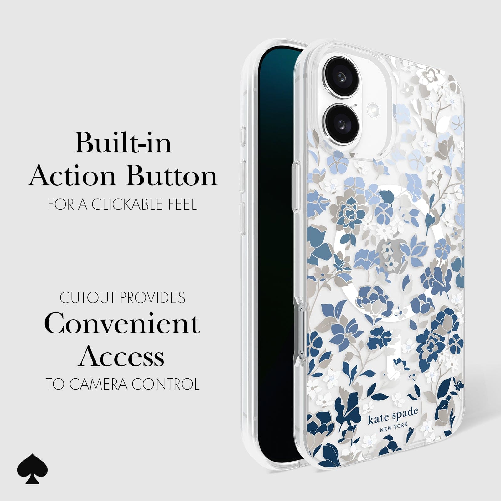 CLICKABLE BUILT-IN ACTION BUTTON. CUTOUT PROVIDES CONVENIENT ACCESS TO CAMERA CONTROL