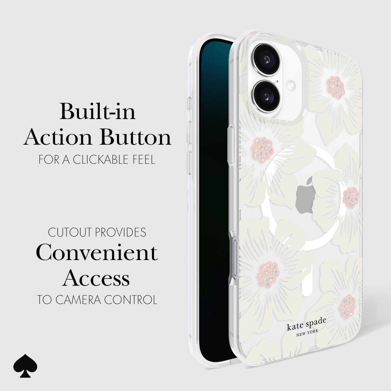 CLICKABLE BUILT-IN ACTION BUTTON. CUTOUT PROVIDES CONVENIENT ACCESS TO CAMERA CONTROL