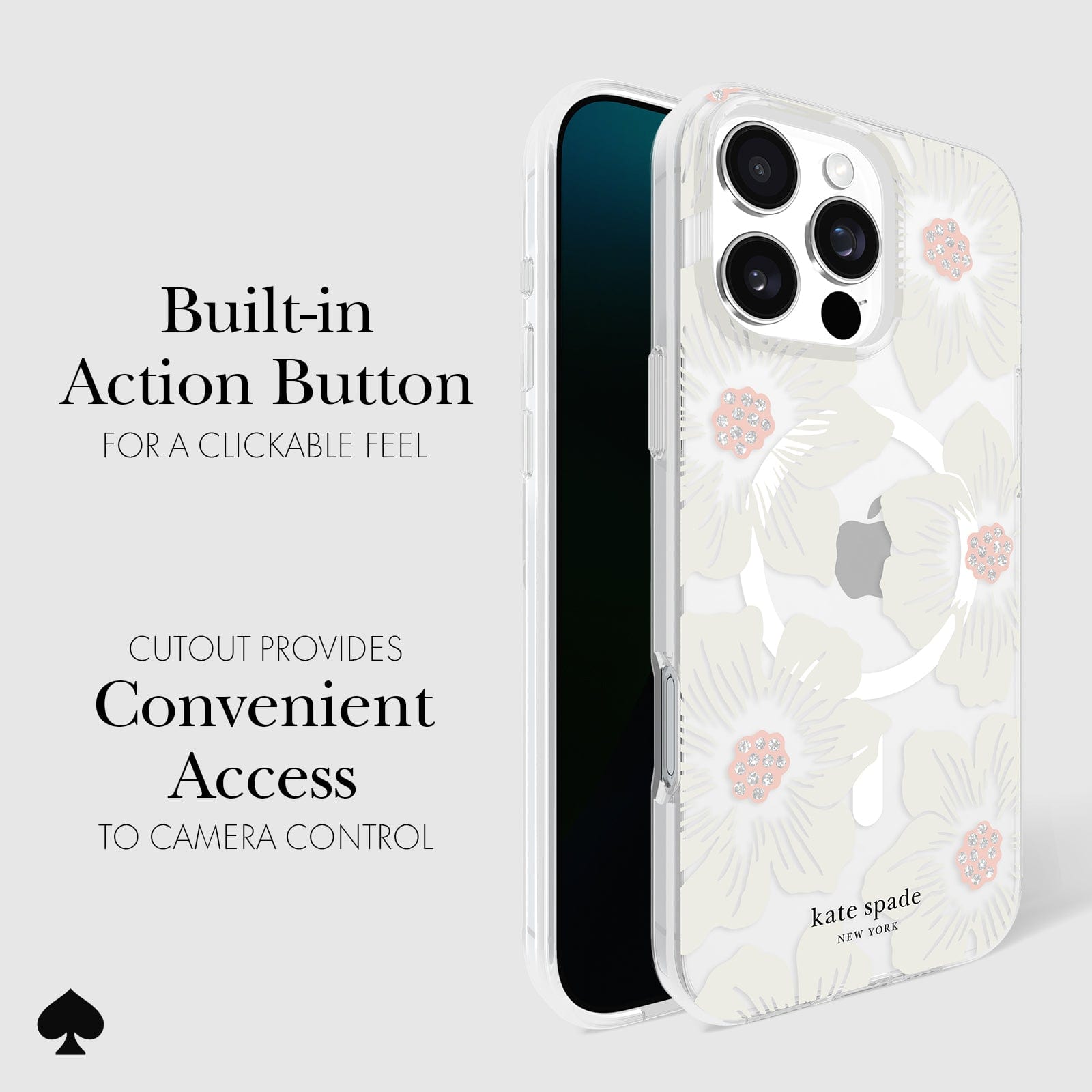 BUILT IN ACTION BUTTON FOR A CLICKABLE FEEL. CUTOUT PROVIDES CONVENIENT ACCESS TO CAMERA CONTROL