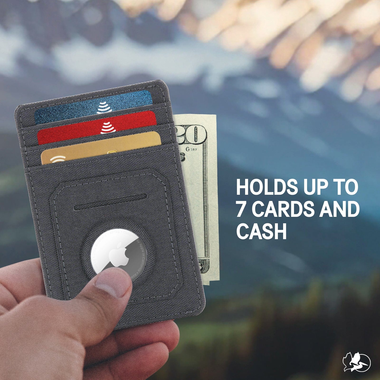 Holds up to 7 cards and cash (inside the wallet)
