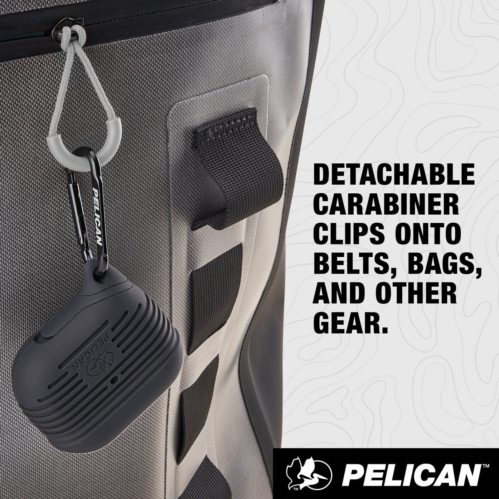 Detachable Carabiner clips onto belts, bags, and other gear