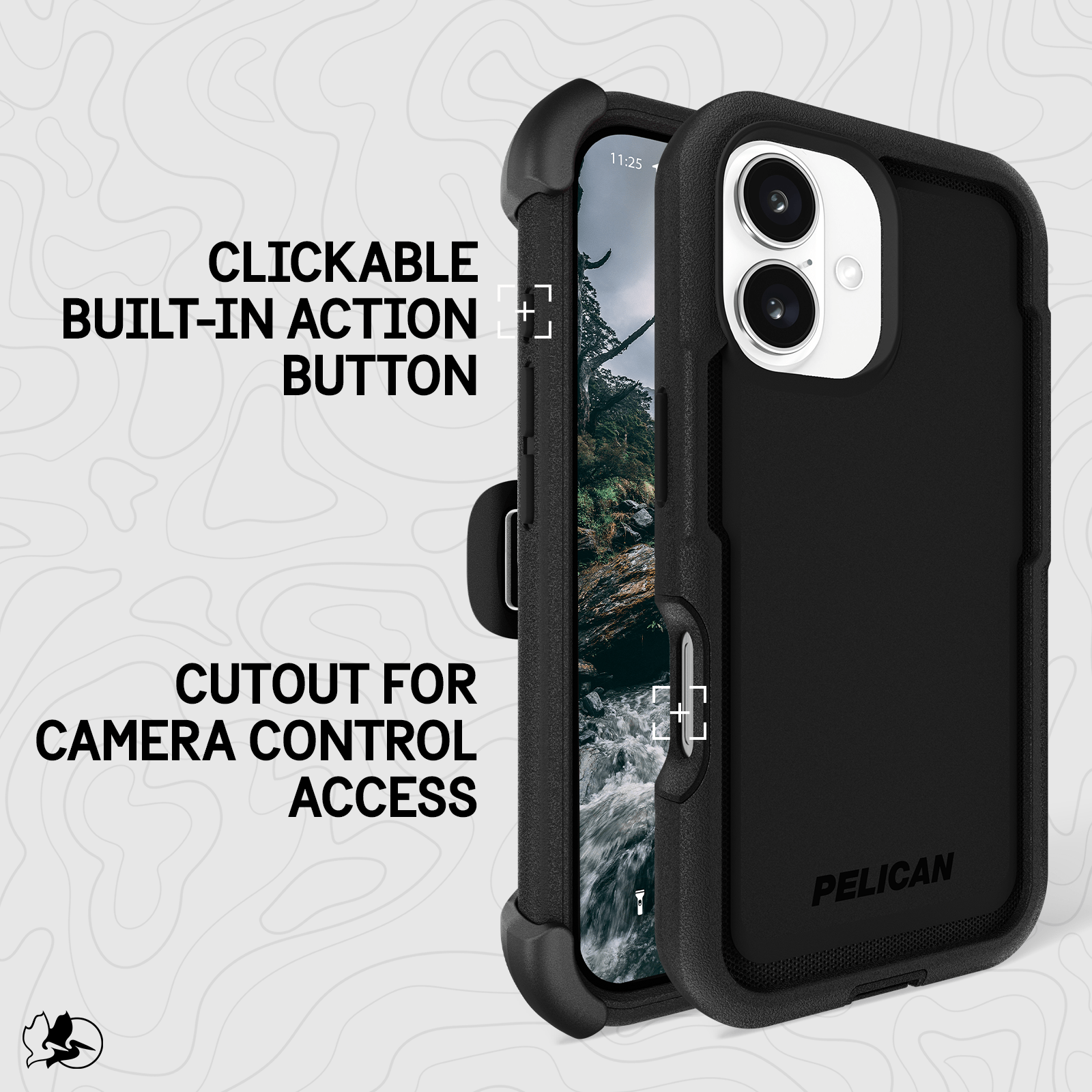 CLICKABLE BUILT-IN ACTION BUTTON. CUTOUT PROVIDES CONVENIENT ACCESS TO CAMERA CONTROL