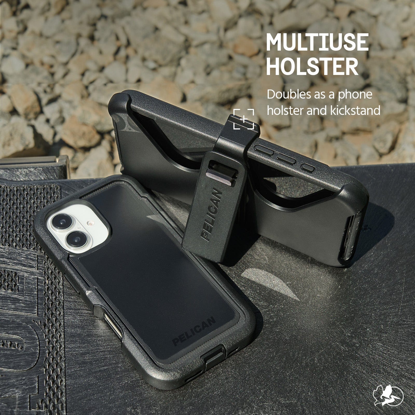 MULTI-USE HOLSTER. DOUBLES AS A PHONE HOLSTER AND A KICKSTAND