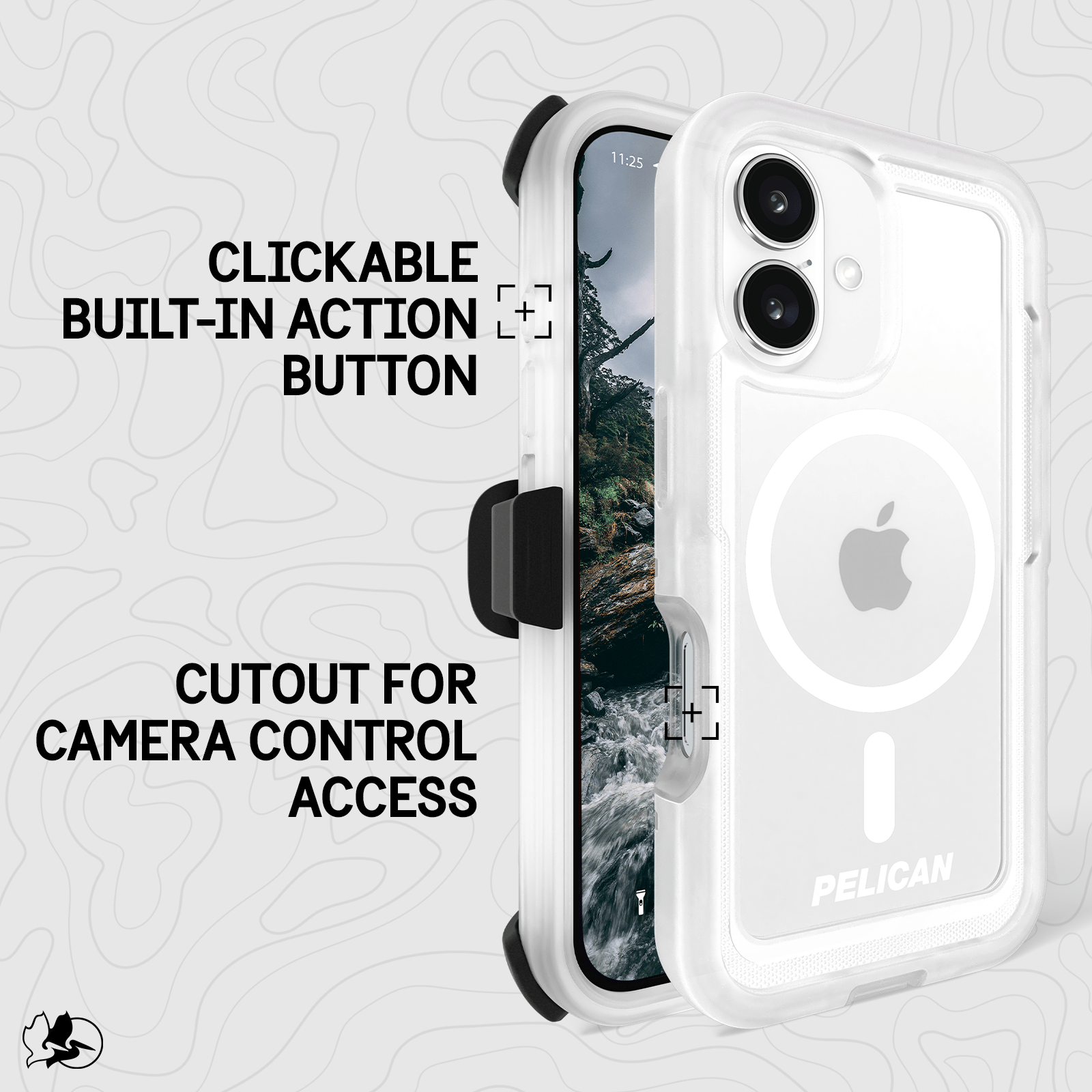 CLICKABLE BUILT-IN ACTION BUTTON. CUTOUT PROVIDES CONVENIENT ACCESS TO CAMERA CONTROL