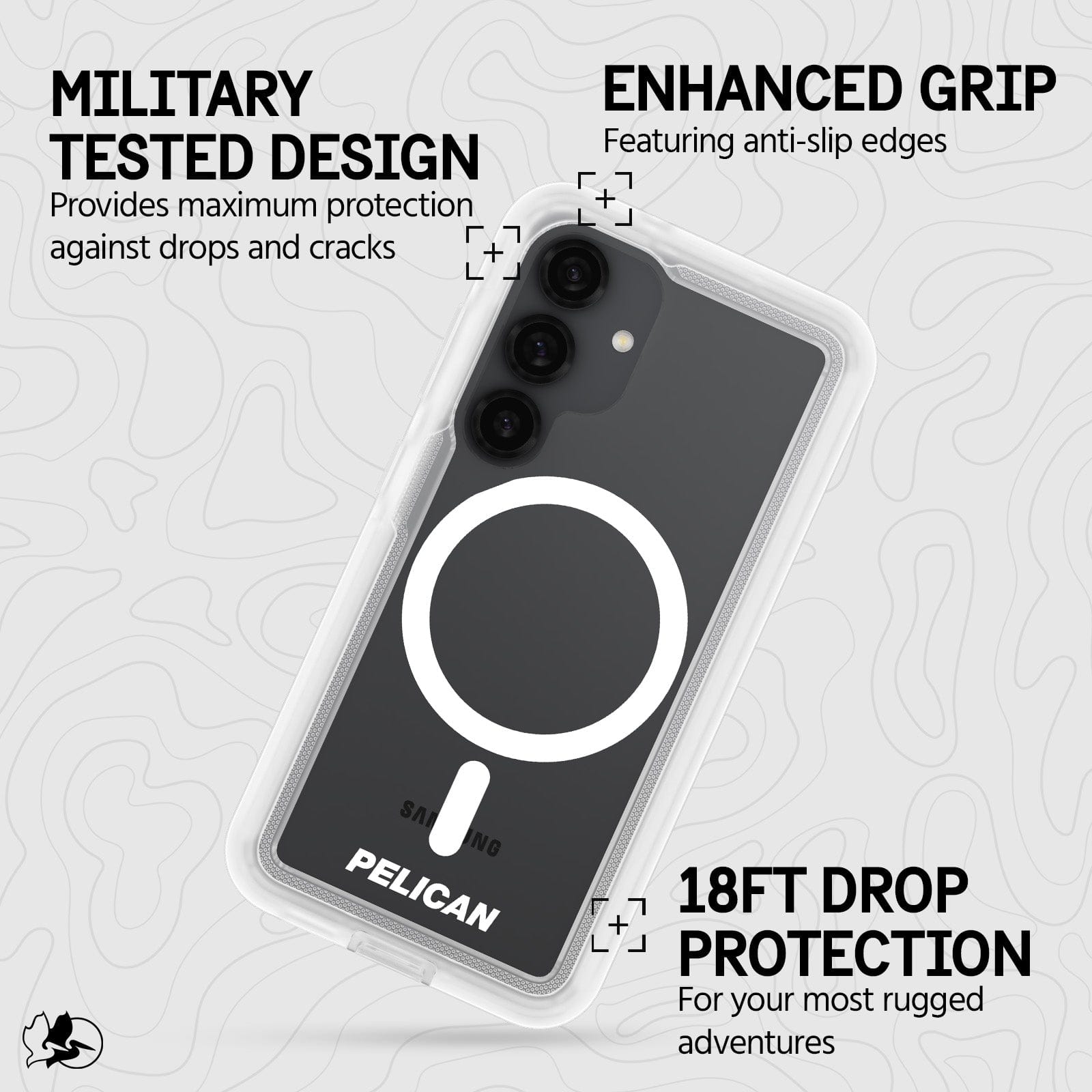MILITARY TESTED DESIGN PROVIDES MAXIMUM PROTECTION AGAINST DROPS  AND CRACKS.  18FT DROP PROTECTION FOR YOUR MOST RUGGED ADVENTURES.