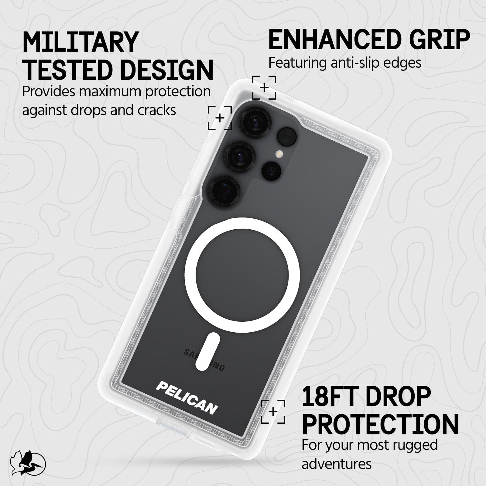 MILITARY TESTED DESIGN PROVIDES MAXIMUM PROTECTION AGAINST DROPS AND CRACKS. ENHANCED GRIP FEATURING ANTI SLIP EDGES. 18FT DROP PROTECTION FOR YOUR MOST RUGGED ADVENTURES.