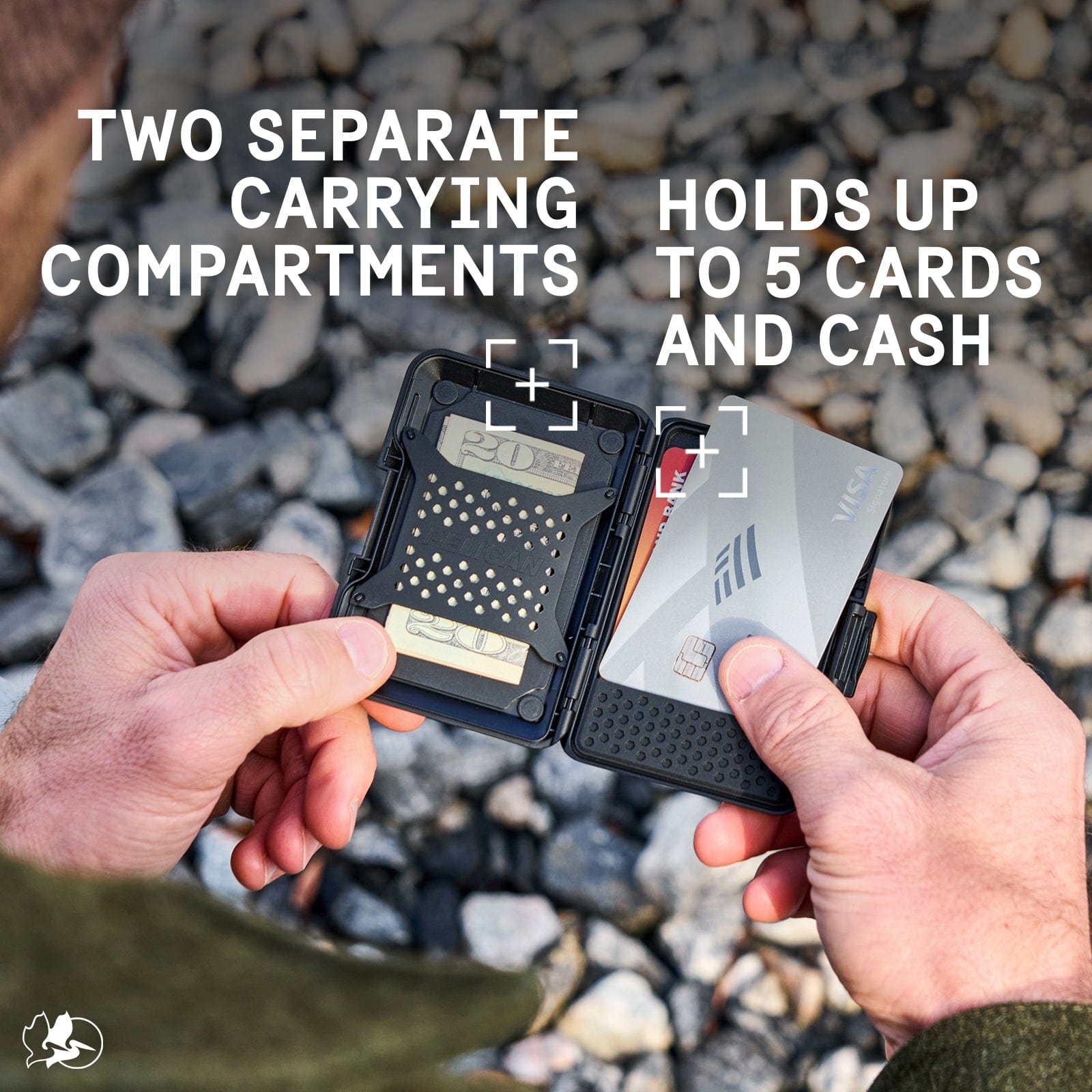 TWO SEPARATE CARRYING COMPARTMENTS. HOLDS UP TO 5 CARDS AND CASH