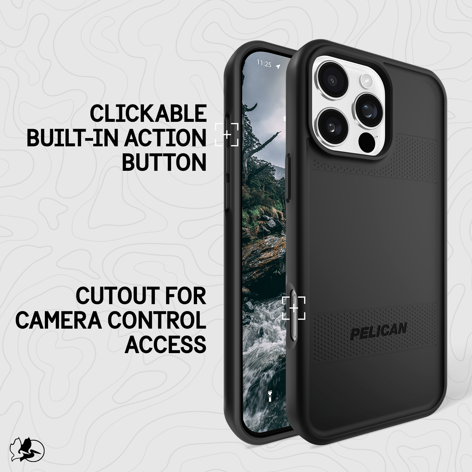 CLICKABLE BUILT IN ACTION BUTTON. CUTOUT FOR CAMERA CONTROL ACCESS.
