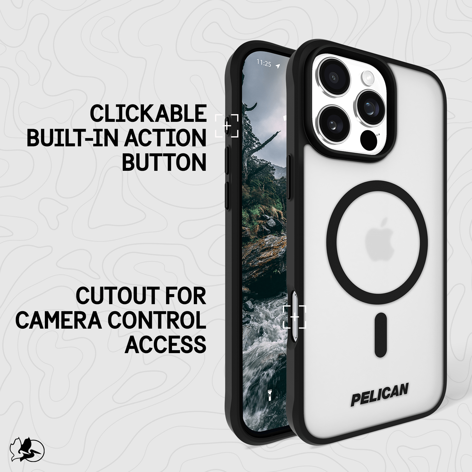 CLICKABLE BUILT IN ACTION BUTTON. CUTOUT FOR CAMERA CONTROL ACCESS