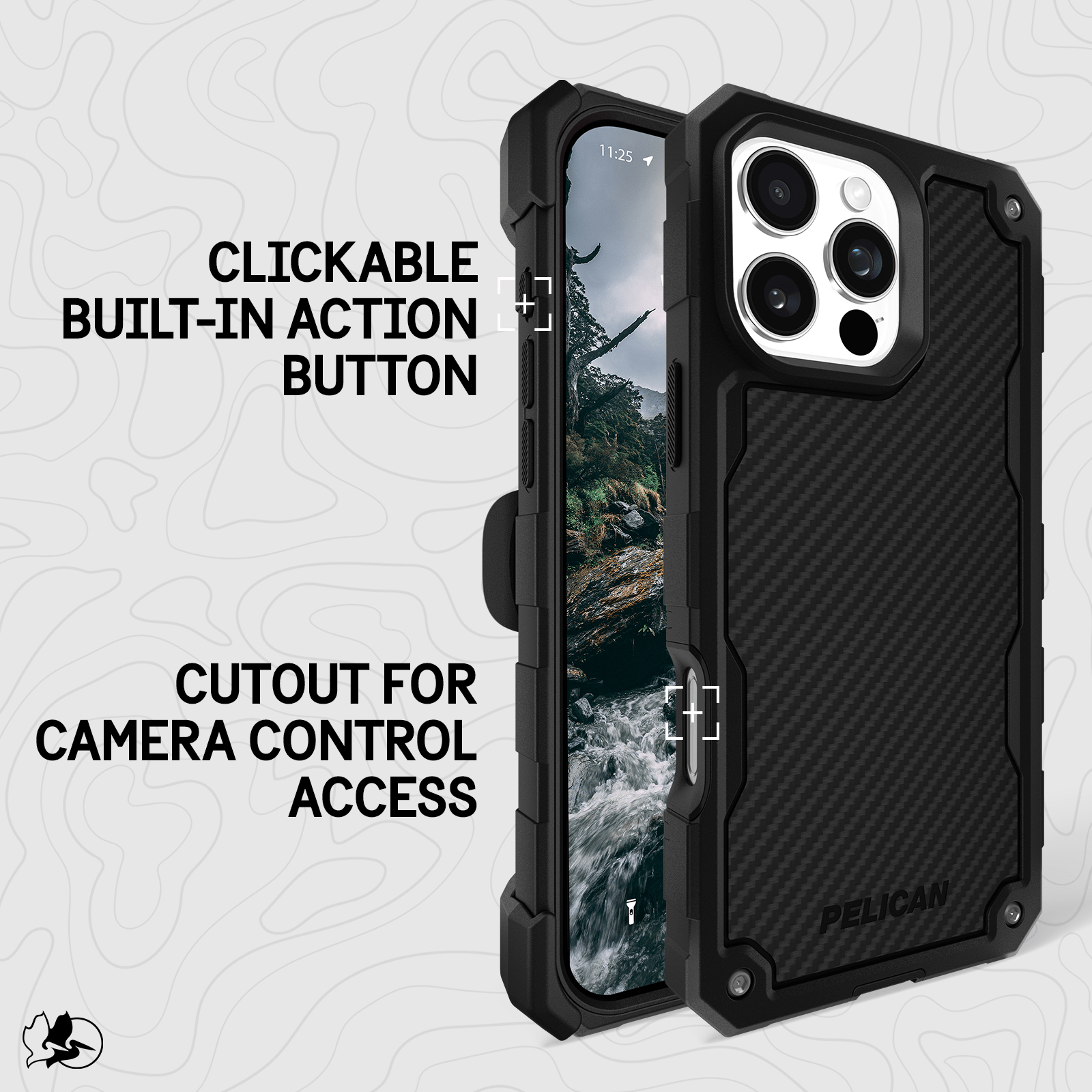 CLICKABLE BUILT IN ACTION BUTTON. CUTOUT FOR CAMERA CONTROL ACCESS