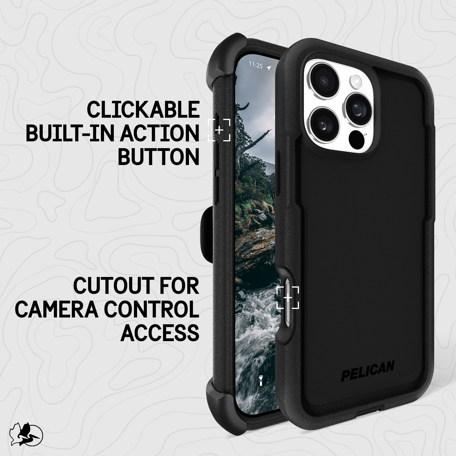 CLICKABLE BUILT IN ACTION BUTTON. CUTOUT FOR CAMERA CONTROL ACCESS.