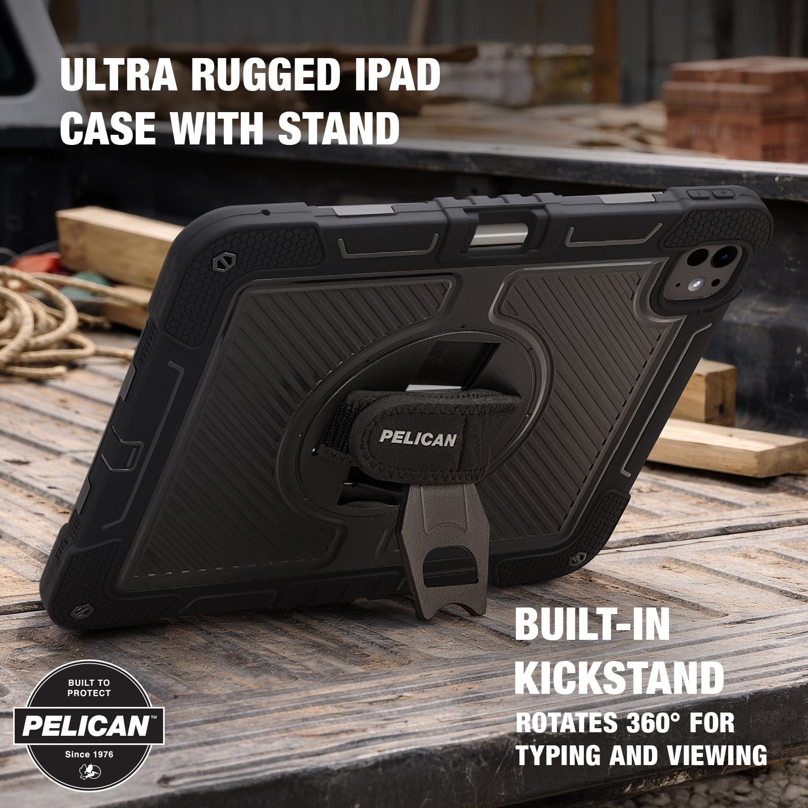 Ultra rugged iPad case with stand. Built-in kickstand rotates 360 degrees for typing and viewing