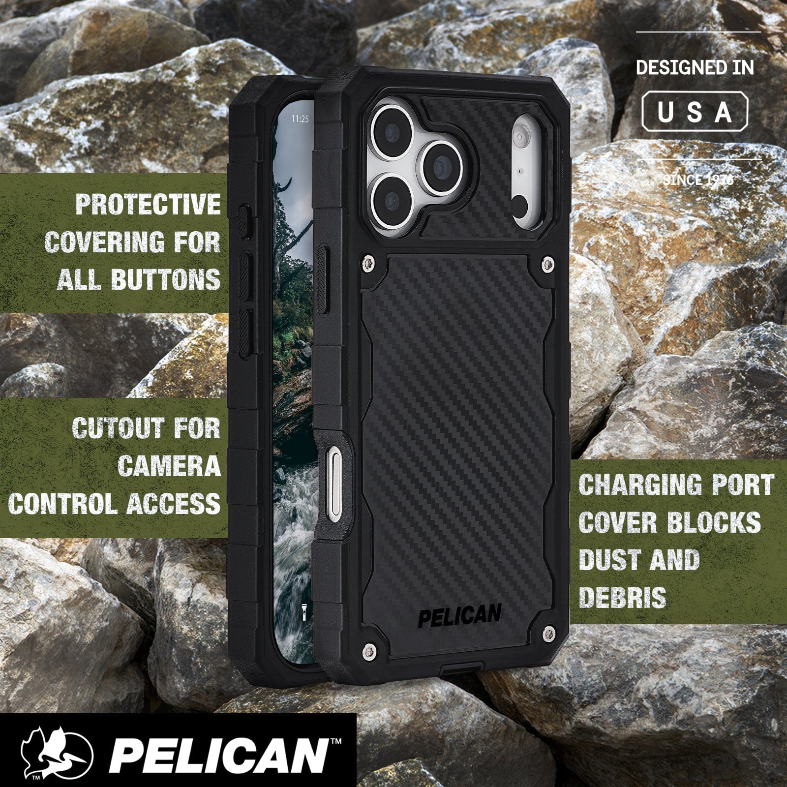 Protective covering for all buttons, cutout for camera control access, charging port cover blocks dust and debris
