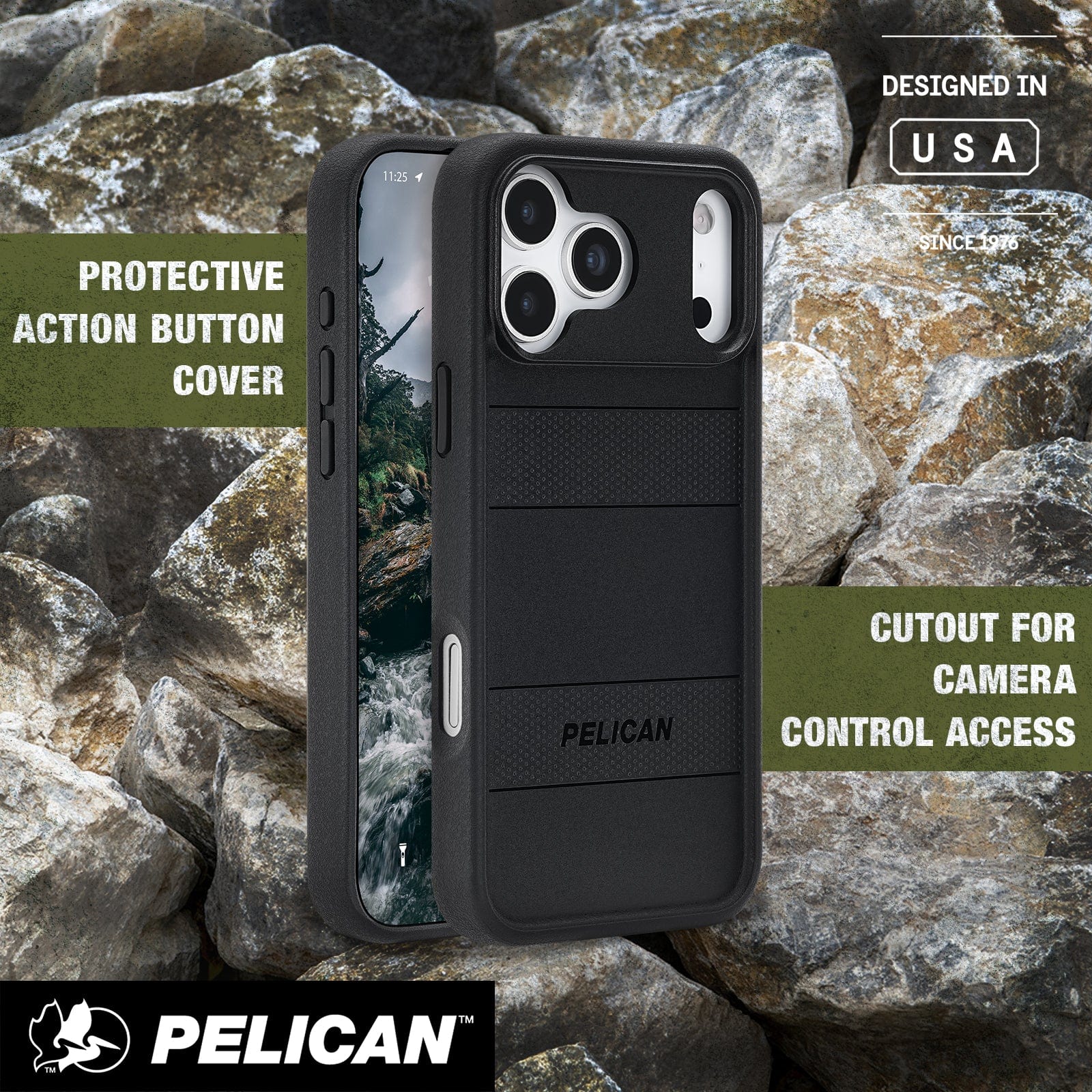 Protective action button cover, cutout for camera control access