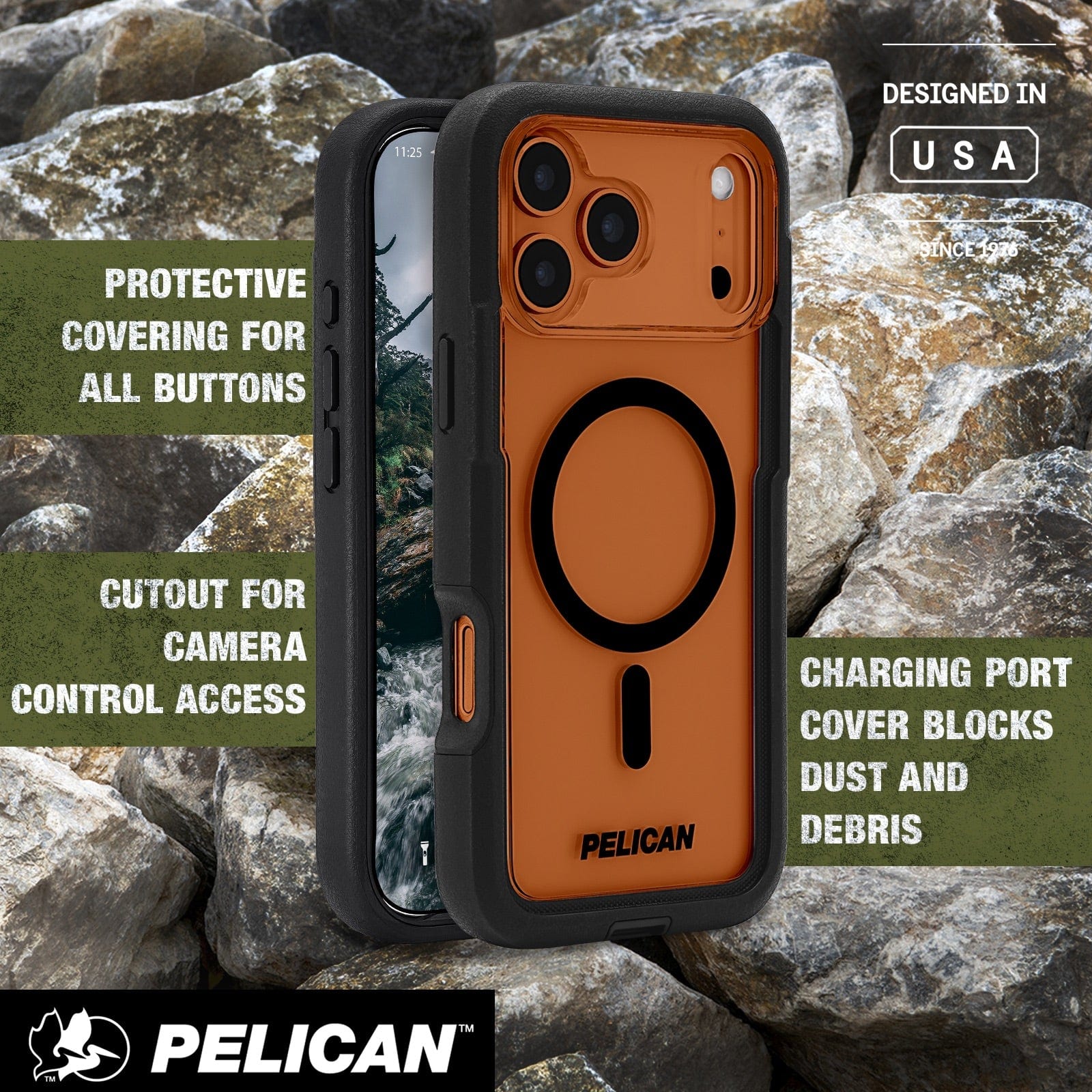 Protective covering for all buttons, cutout for camera control access, charging port cover blocks dust and debris