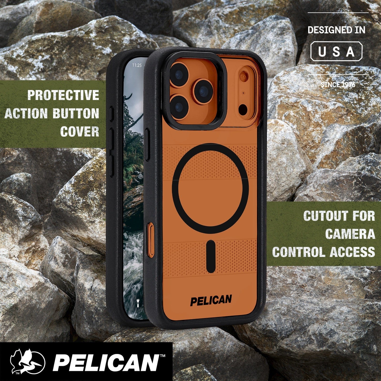 Protective action button cover, cutout for camera control access