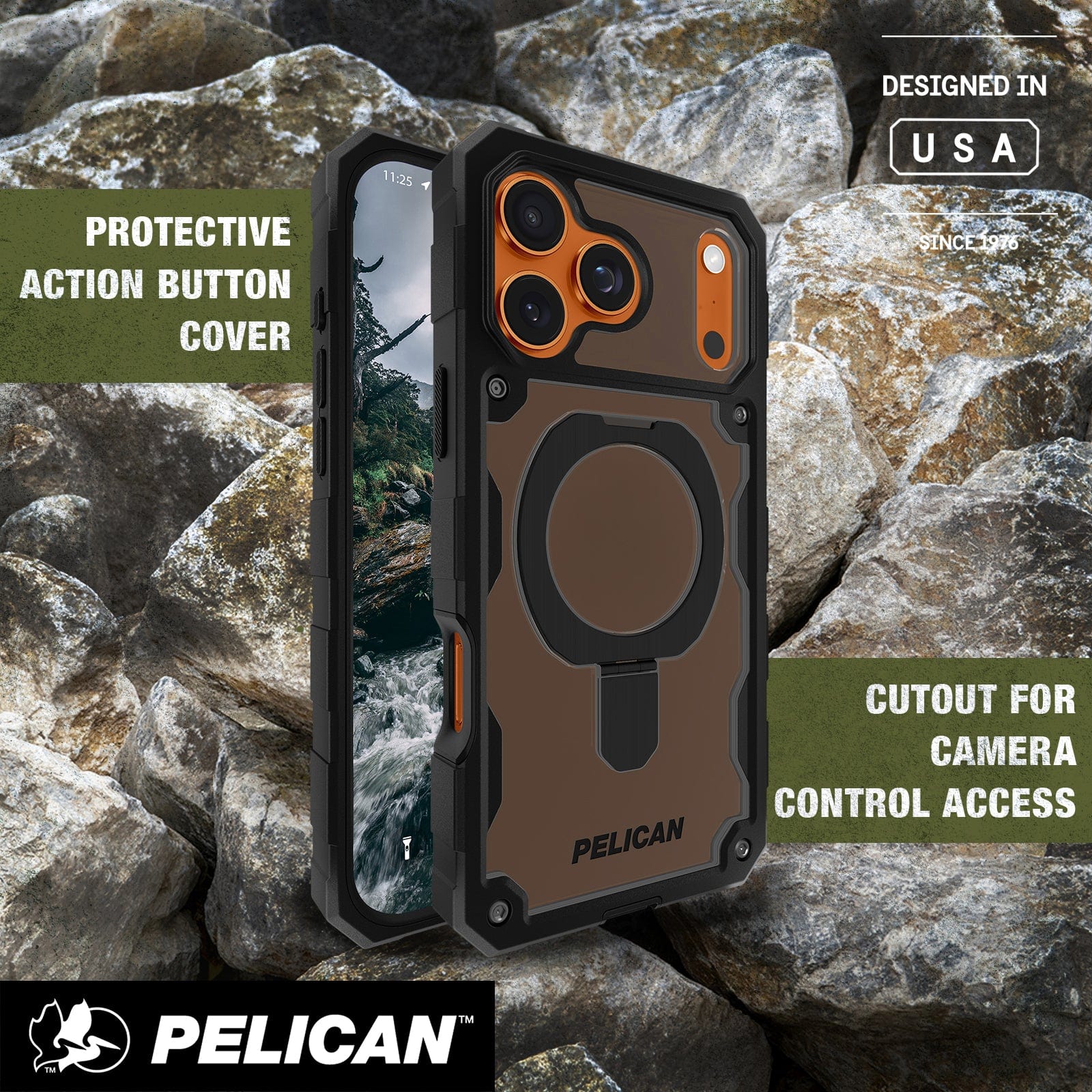 Protective action button cover, cutout for camera control access