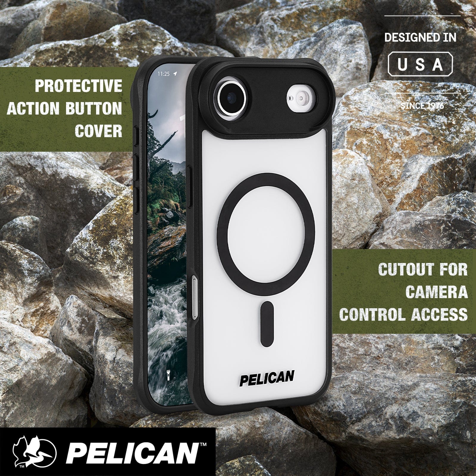 PROTECTIVE ACTION BUTTON COVER. CUTOUT FOR CAMERA CONTROL ACCESS