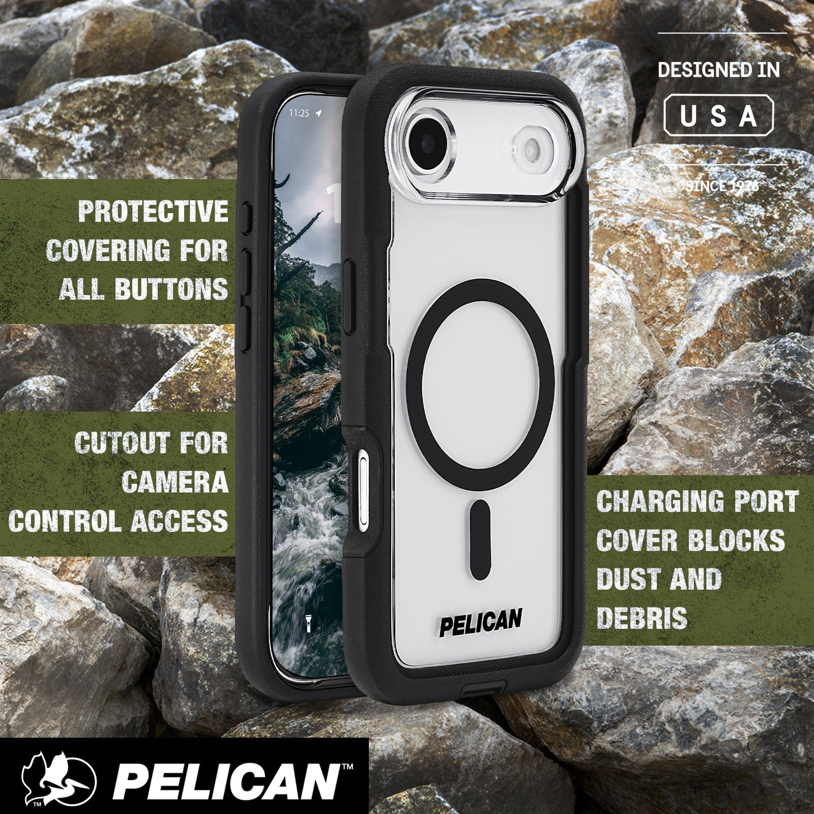 Protective covering for all buttons, cutout for camera control access, charging port cover blocks dust and debris