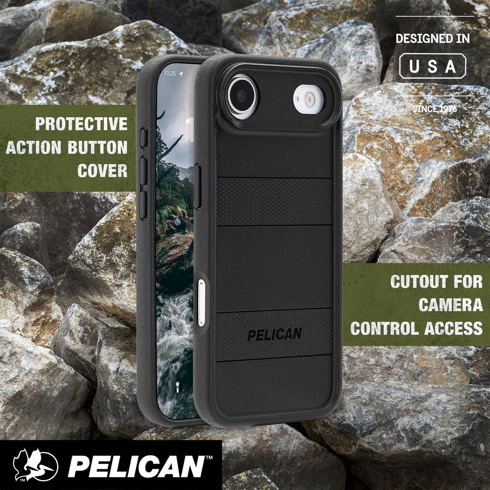 Protective action button cover, cutout for camera control access