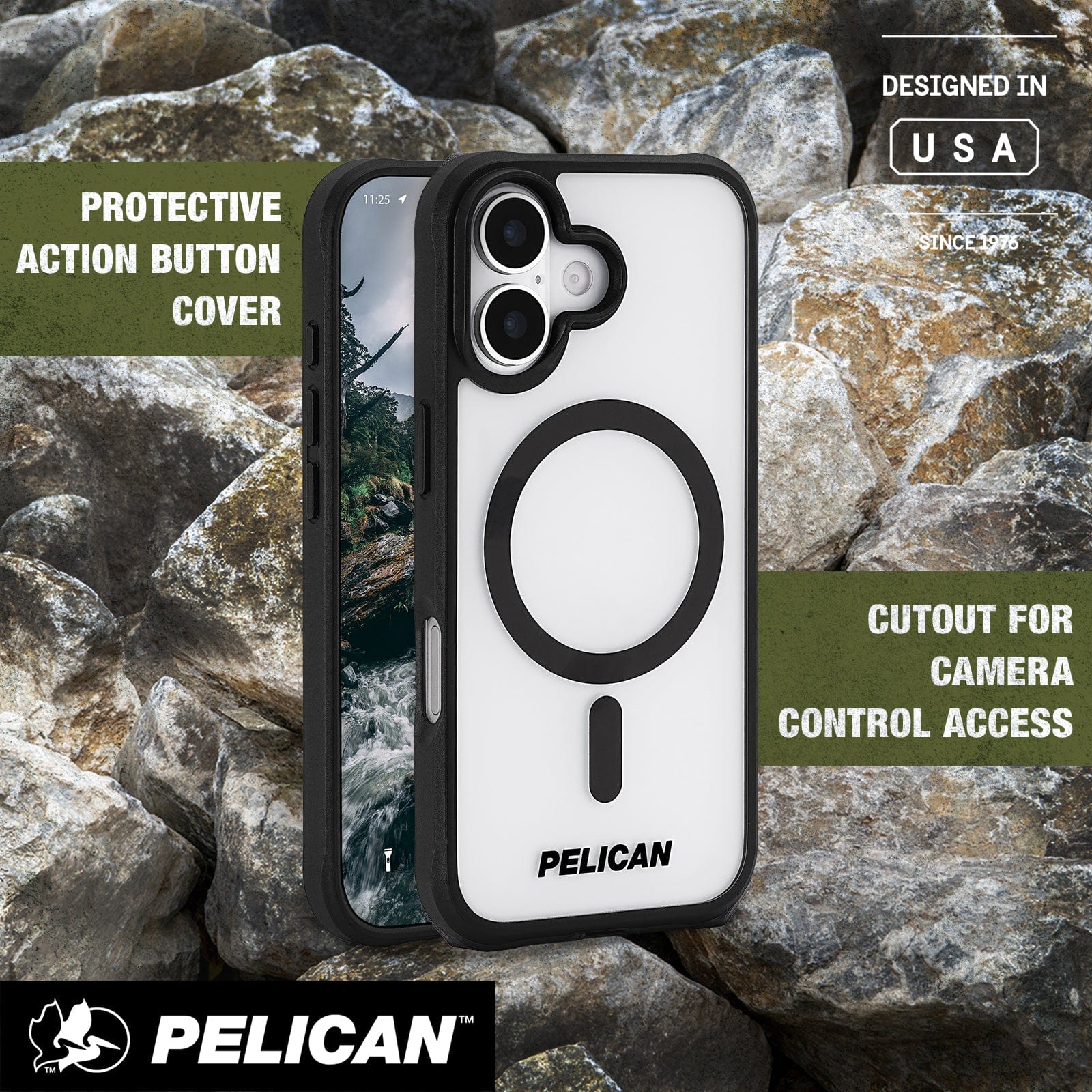 PROTECTIVE ACTION BUTTON COVER. CUTOUT FOR CAMERA CONTROL ACCESS