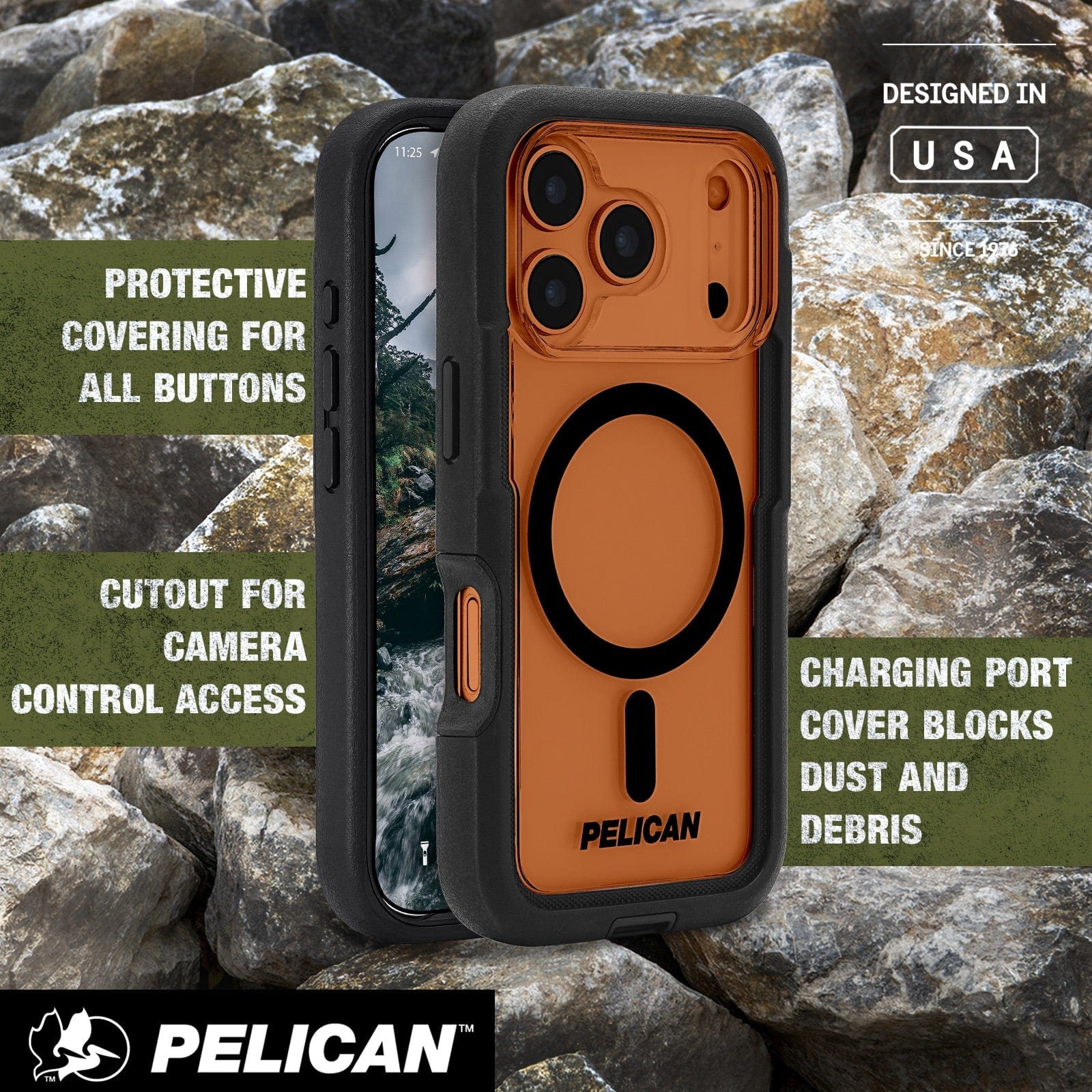 Protective covering for all buttons, cutout for camera control access, charging port cover blocks dust and debris