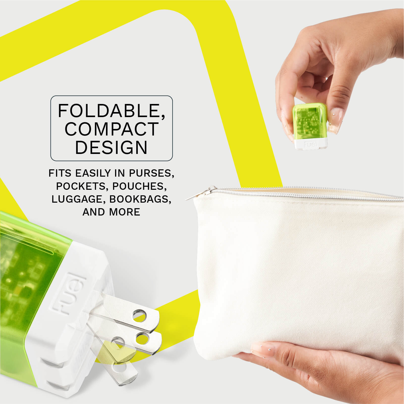 FOLDABLE, COMPACT DESIGN. FITS EASILY IN PURSES, POCKETS, POUCHES, LUGGAGE, BOOKBAGS, AND MORE color::Vivid Green