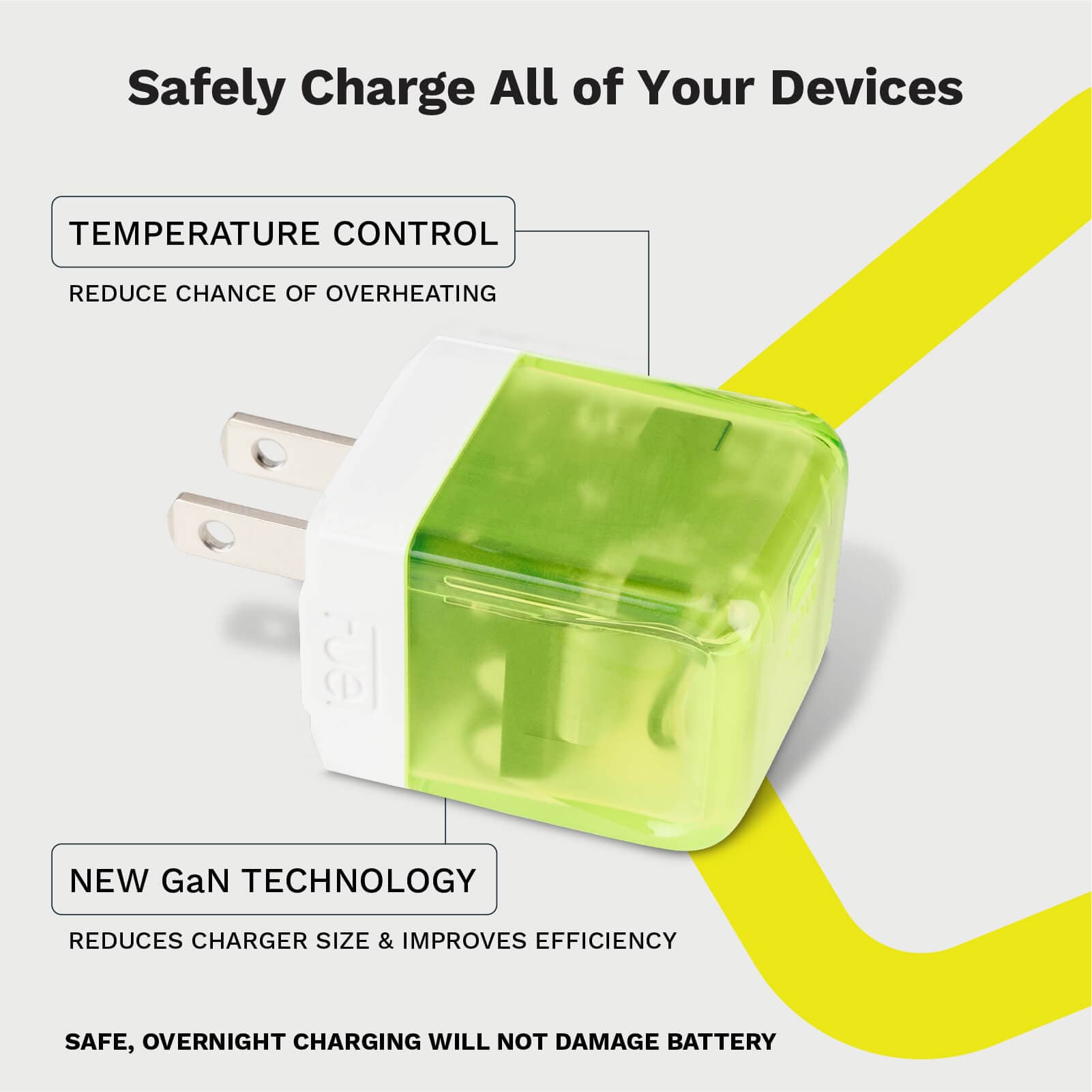 TEMPERATURE CONTROL REDUCE CHANCE OF OVERHEATING. NEW GaN TECHNOLOGY REDUCES CHARGER SIZE AND IMPROVES EFFICIENCY. SAFE, OVERNIGHT CHARGING WILL NOT DAMAGE BATTERY.  color::Vivid Green
