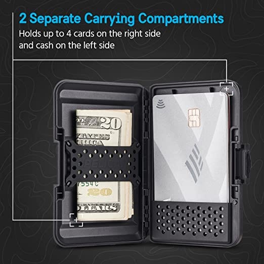 2 SEPARATE CARRYING COMPARTMENTS. HOLDS UP TO 4 CARDS ON THE RIGHT SIDE AND CASH ON THE LEFT SIDE.