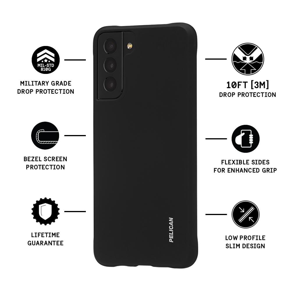 Features Military grade drop protection, bezel screen protection, lifetime guarantee, 10 FT drop protection, flexible sides for enhanced grip, low profile slim design. color::Black