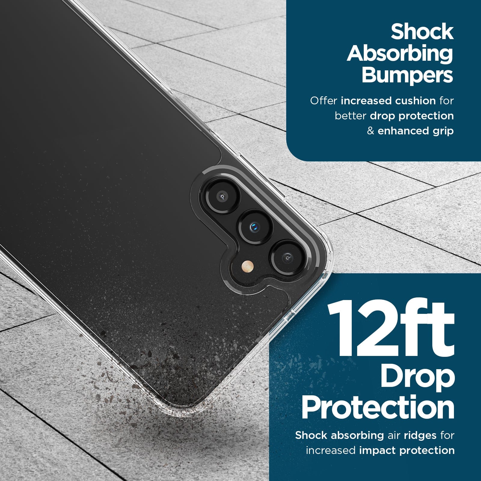 Shock absorbing bumpers. Offer increased cushion for better drop protection & enhanced grip. 12ft drop protection. shock absorbing air ridges for increased impact protection.