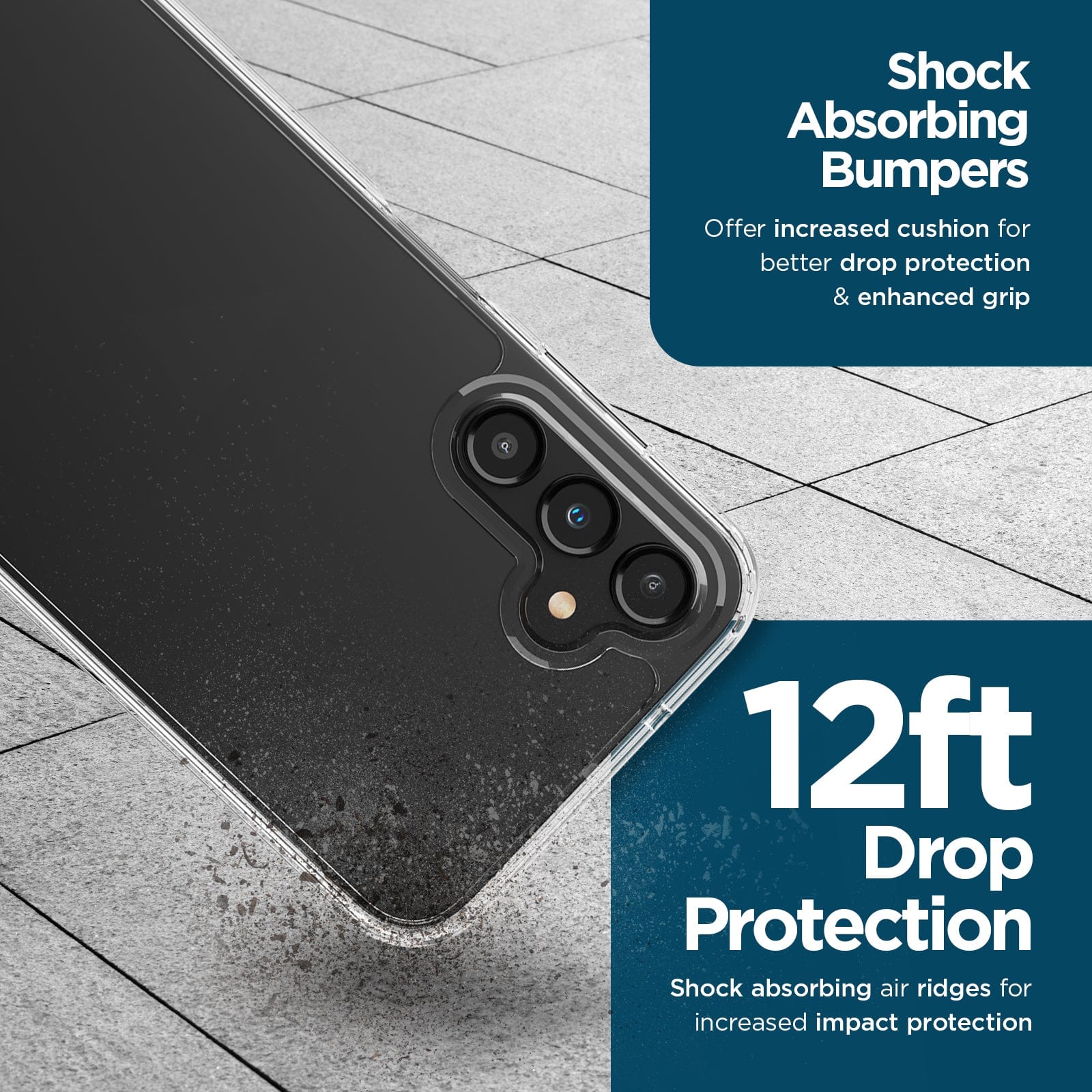 Shock absorbing bumpers. Offer increased cushion for better drop protection & enhanced grip. 12ft drop protection. shock absorbing air ridges for increased impact protection. 