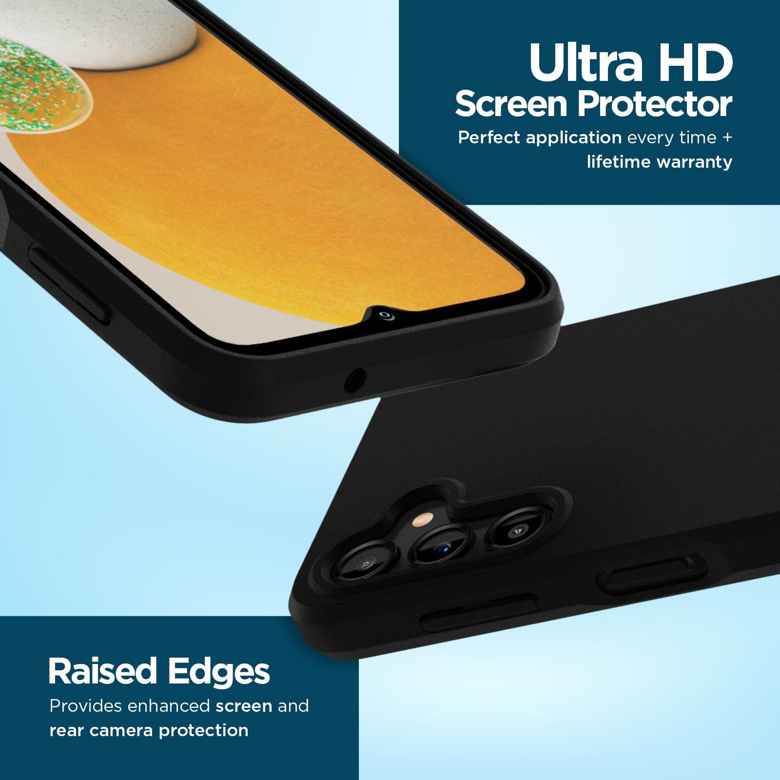 Ultra HD Screen Protector Perfect application every time + lifetime warranty/ Raised edges provides enhanced screen and rear camera protection.
