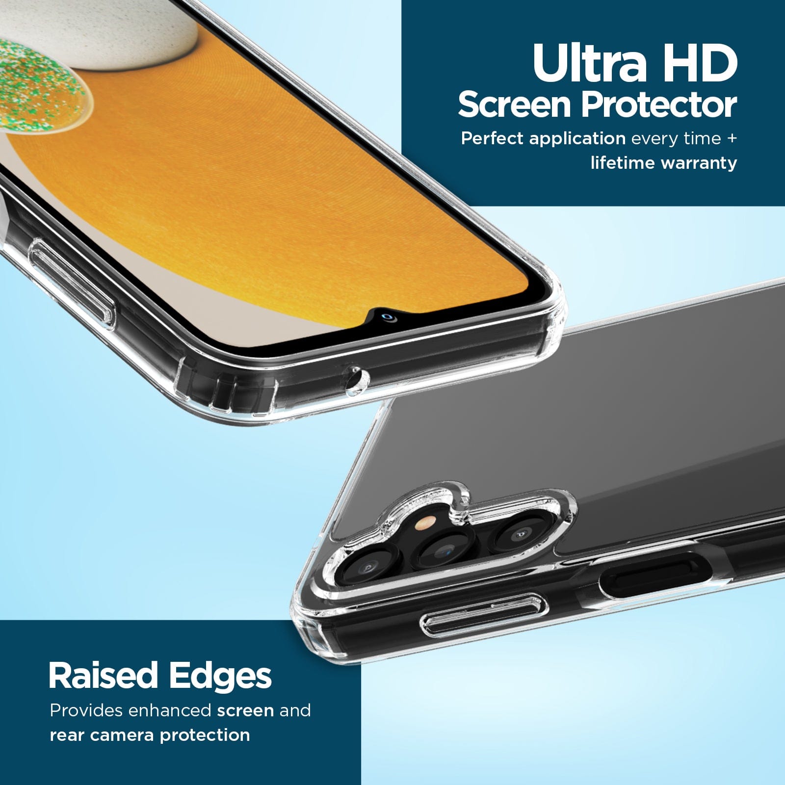 Ultra HD Screen Protector Perfect application every time + lifetime warranty. Raised edges provides enhanced screen and rear protection.