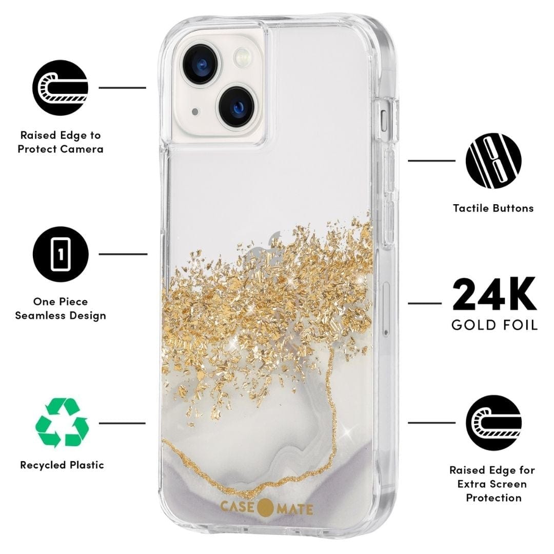 FEATURES: RAISED EDGE TO PROTECT CAMERA, ONE PIECE SEAMLESS DESIGN, RECYCLED PLASTIC, TACTILE BUTTONS, 24K GOLD FOIL, RAISED EDGE FOR EXTRA SCREEN PROTECTION. COLOR::KARAT MARBLE