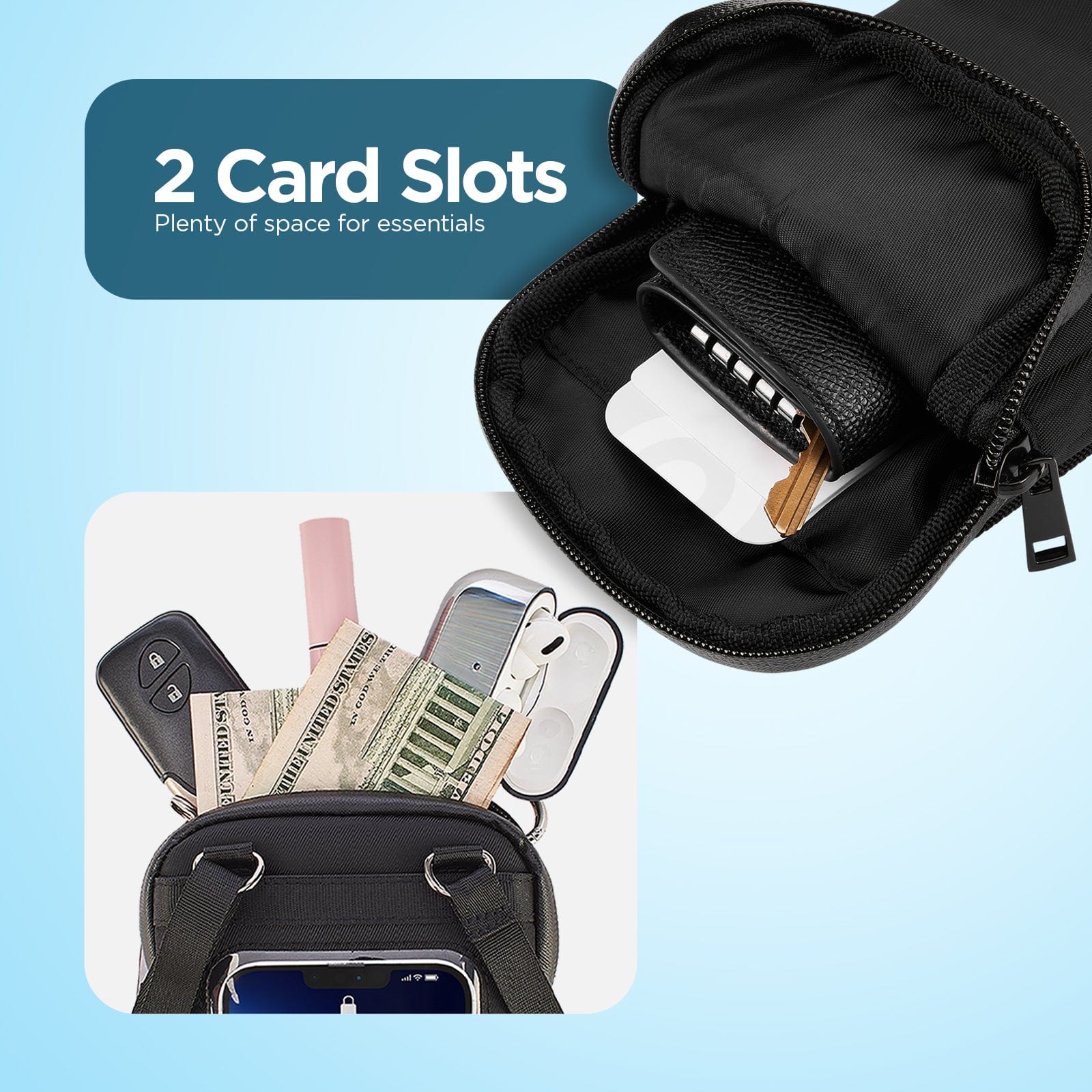 2 CARD SLOTS PLENTY OF SPACE FOR ESSENTIALS