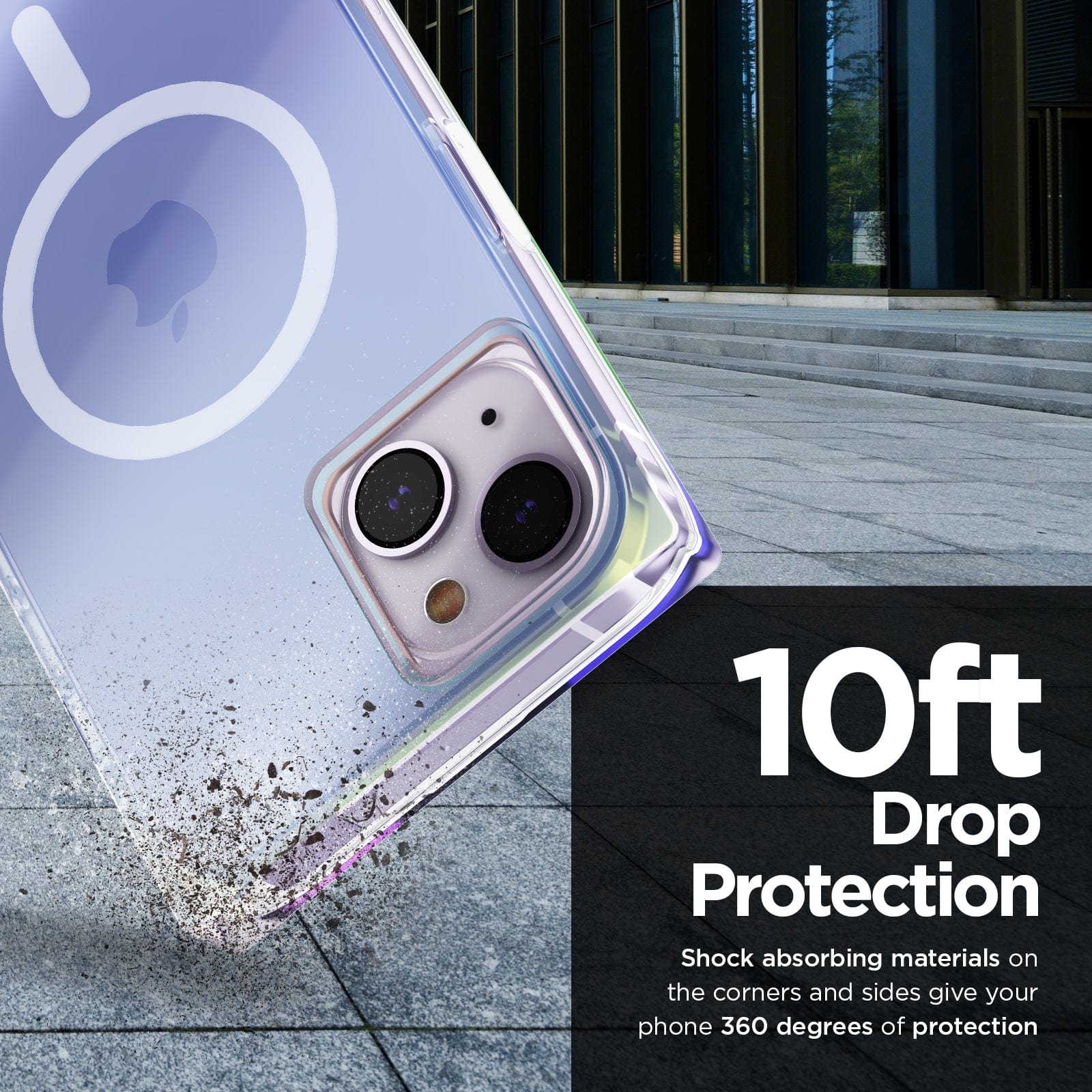 10FT DROP PROTECTION. SHOCK ABSORBING MATERIALS ON THE CORNERS AND SIDES GIVE YOUR PHONE 360 DEGREES OF PROTECTION