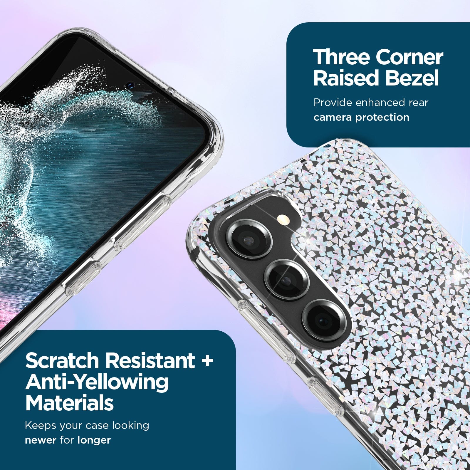 THREE CORNER RAISED BEZEL. PROVIDE ENHANCED REAR CAMERA PROTECTION. SCRATCH RESISTANT + ANTI-YELLOWING MATERIALS. KEEPS YOUR CASE LOOKING NEWER FOR LONGER.