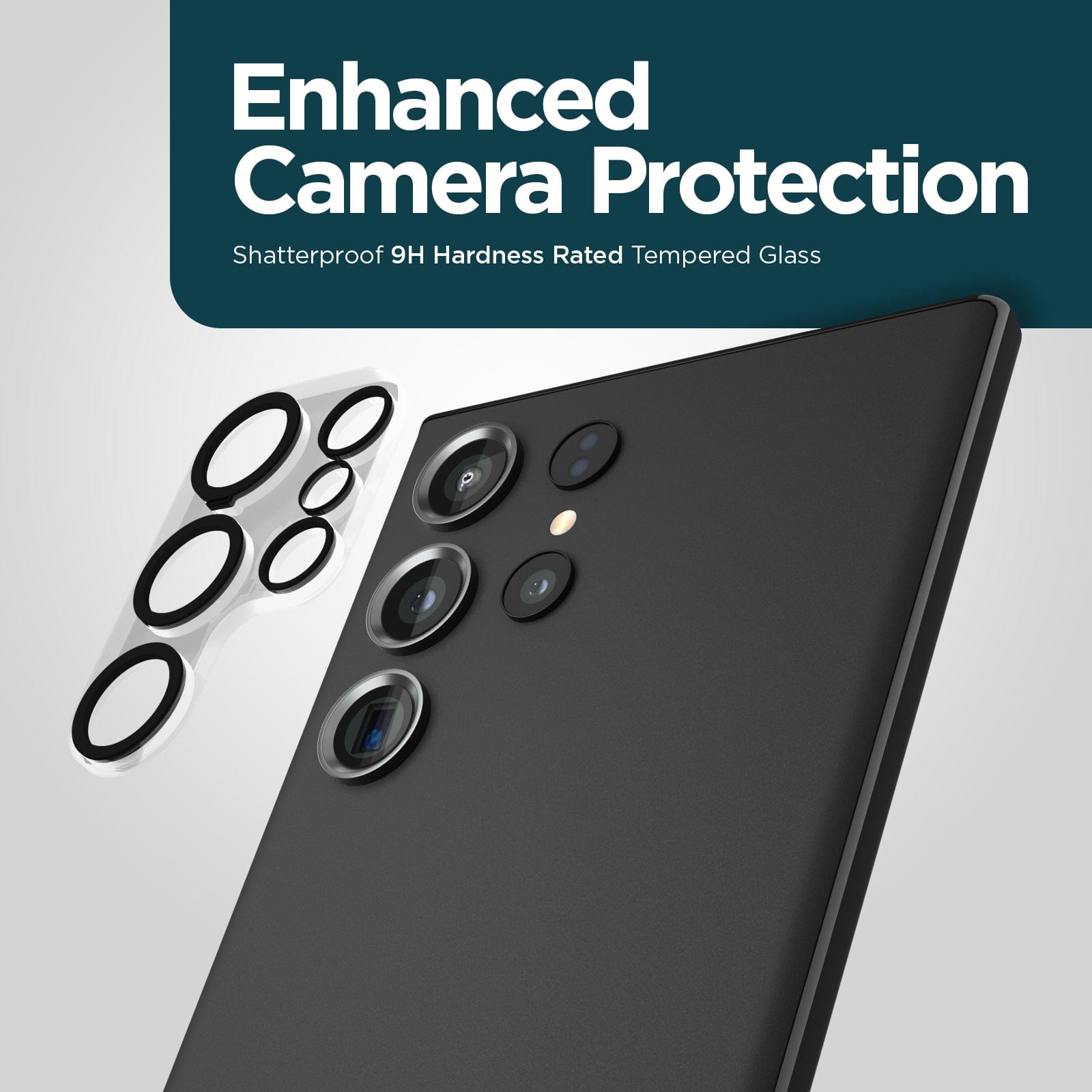 ENHANCED CAMERA PROTECTION. SHATTERPROOF 9H HARDNESS RATED TEMPERED GLASS.