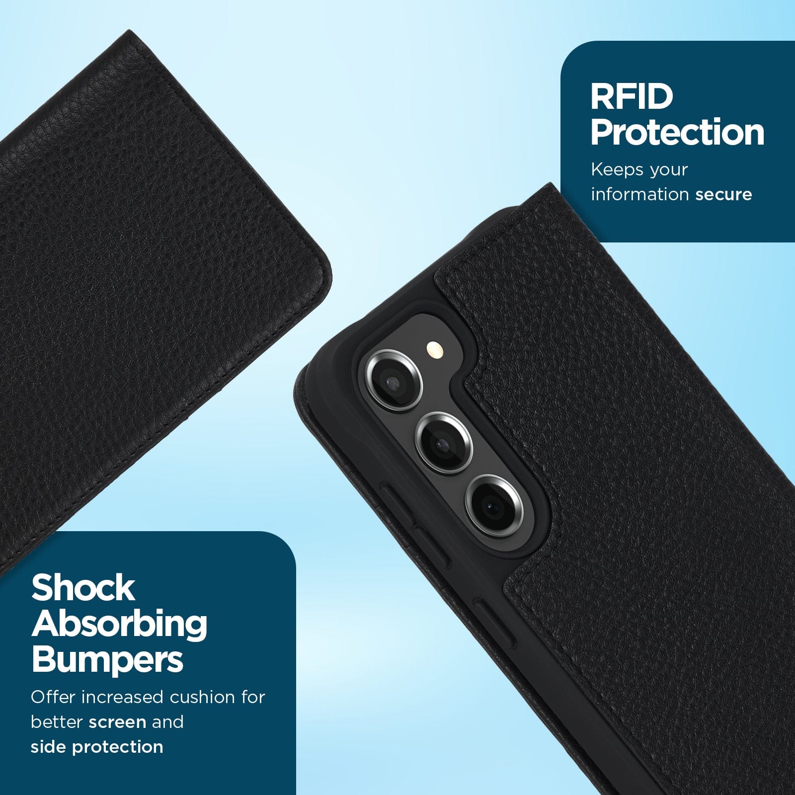 RFID PROTECTION KEEPS YOUR INFORMATION SECURE. SHOCK ABSORBING bumpers offer increased cushion for better screen and side protection.