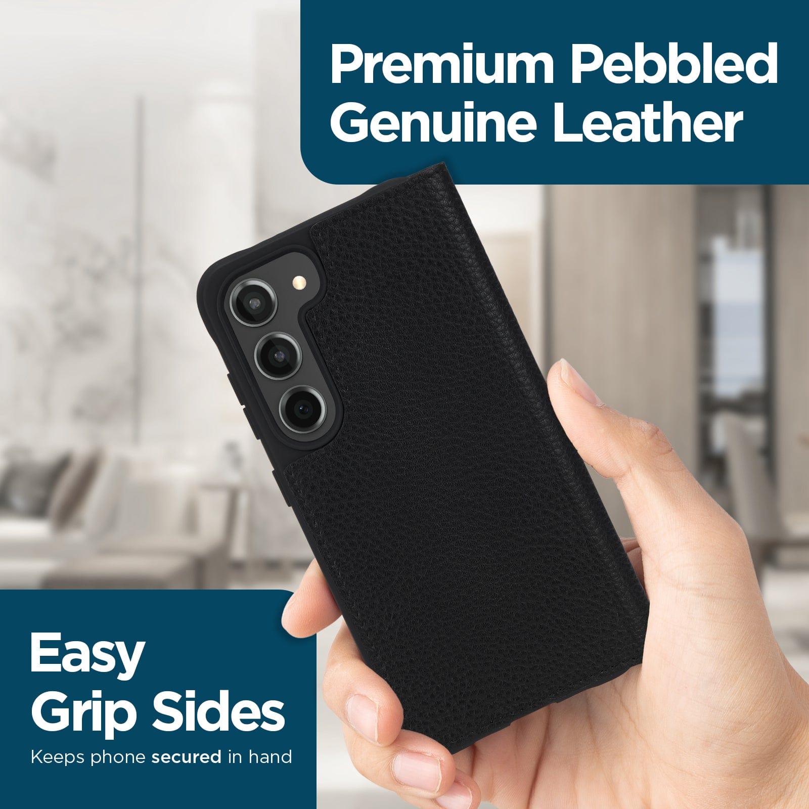 PREMIUM PEBBLED GENUINE LEATHER. EASY GRIP SIDES KEEPS PHONE SECURED IN HAND.