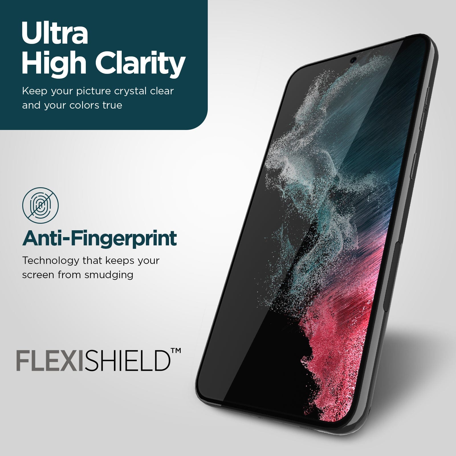 ULTRA HIGH CLARITY. KEEP YOUR PICTURE CRYSTAL CLEAR AND YOUR COLORS TRUE. ANTI-FINGERPRINT TECHNOLOGY THAT KEEPS YOUR SCREEN FROM SMUDGING. FLEXISHIELD.