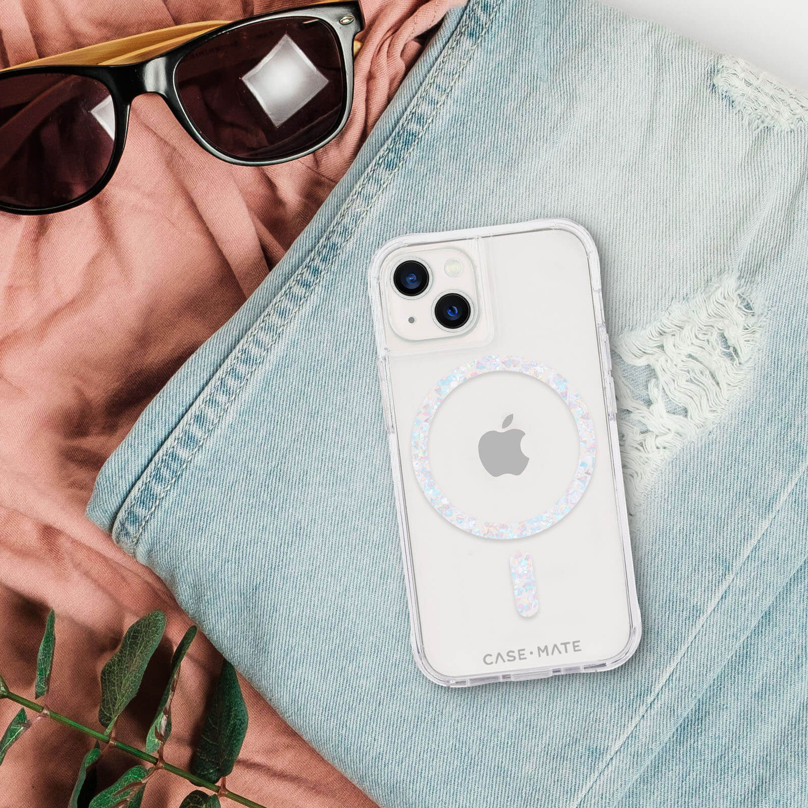 Lifestyle shot of Clear Twinkle Diamond (Works with MagSafe) iPhone 14 Plus color::twinkle diamond