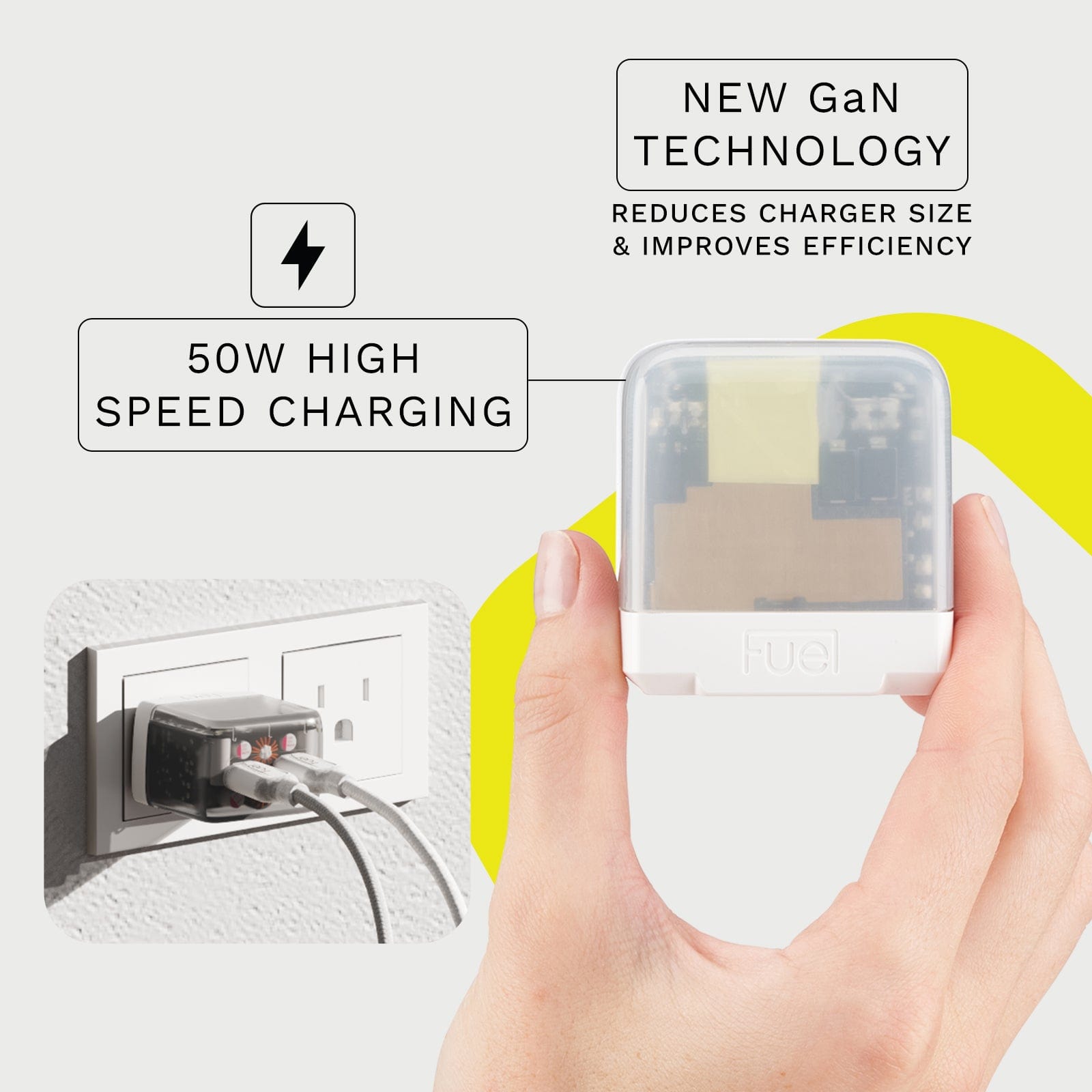 50w high speed charging. Wireless fast charging up to 10w. New gan technology. reduced charger size & improves efficiency.