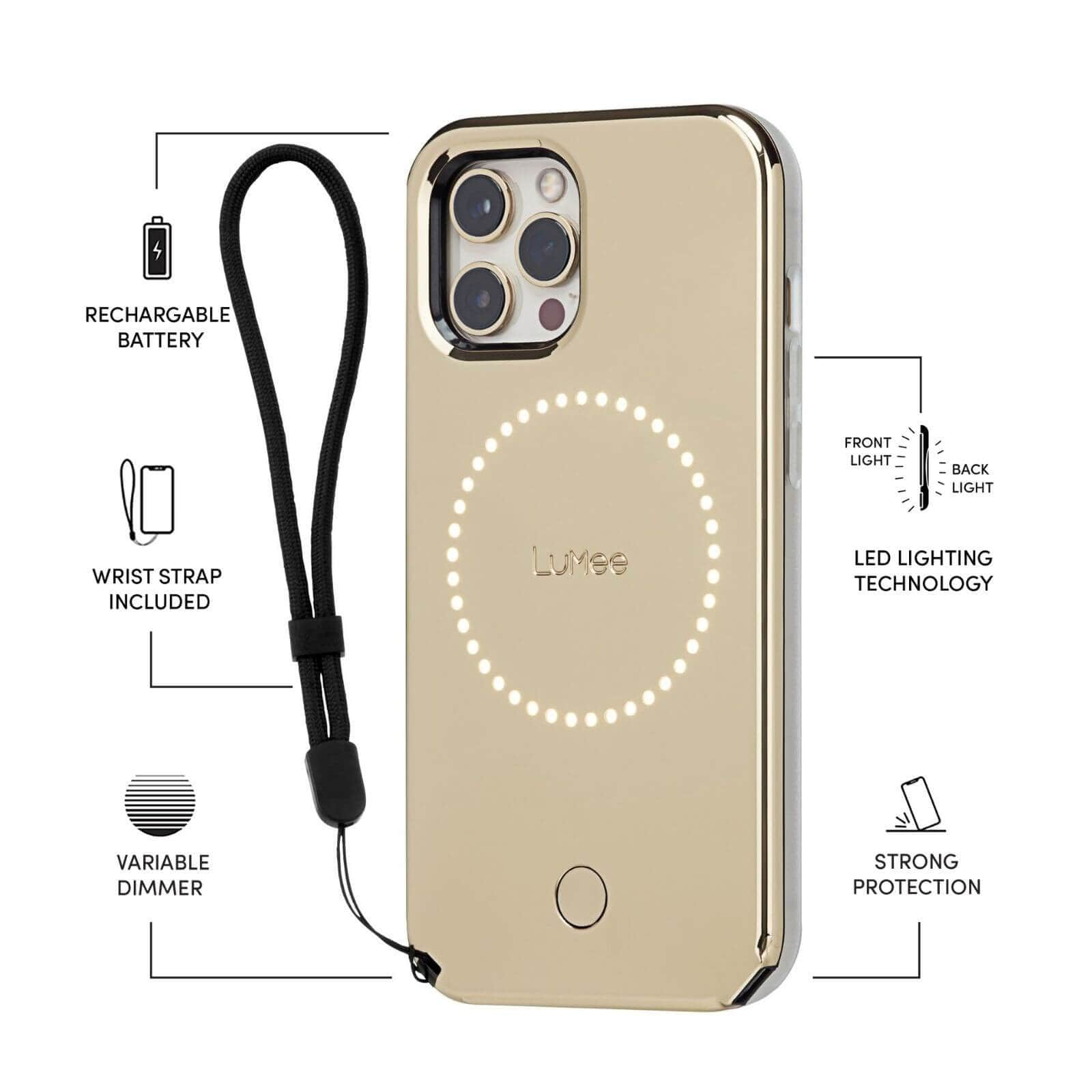 Features Rechargeable Batter, Wrist Strap Included, Variable Dimmer, Front light and back light LED lighting technology, strong protection. color::Gold Mirror