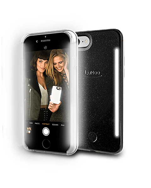 Selfie phone case with lights for better pictures. color::Black Glitter